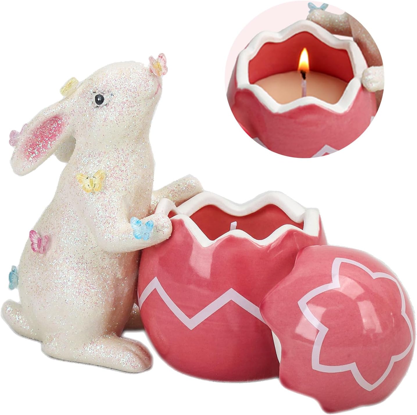 Ceramic Easter Bunny Figurines with Egg Scented Candle &#x26; DIY Stickers, Spring Home Decor for Farmhouse, Soy Wax Egg Jar, Rabbit Spring Decorations Indoor Gifts for Women