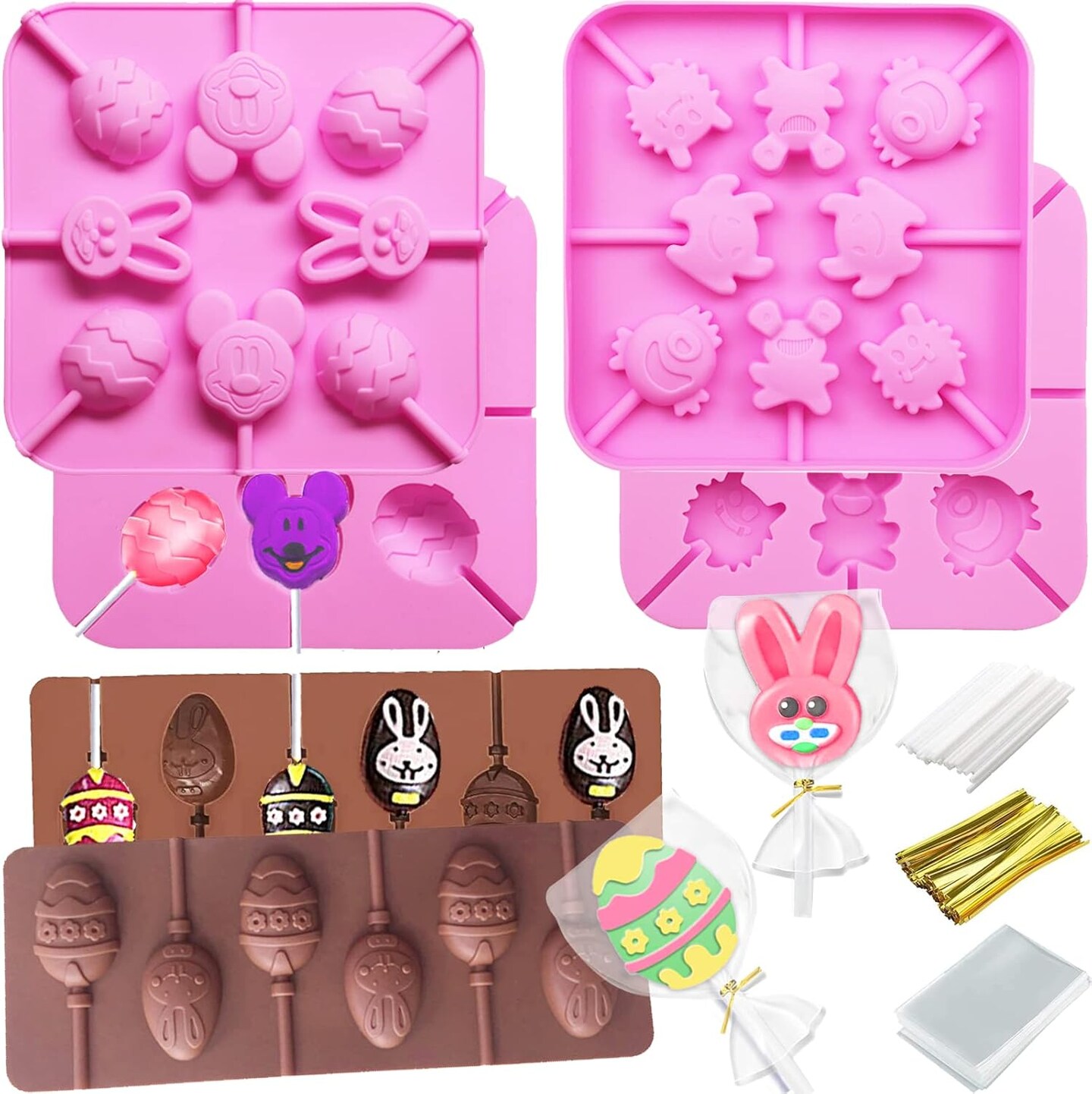 303Pcs Easter Lollipop Molds Set Easter Candy Mold Bunny Eggs Mouse Silicone Molds Rabbit Lolly Pop Tray Sucker Molds Hard Candy Mold Chocolate Baking Mold with Lollipop Sticks Treat Bags Twist Ties