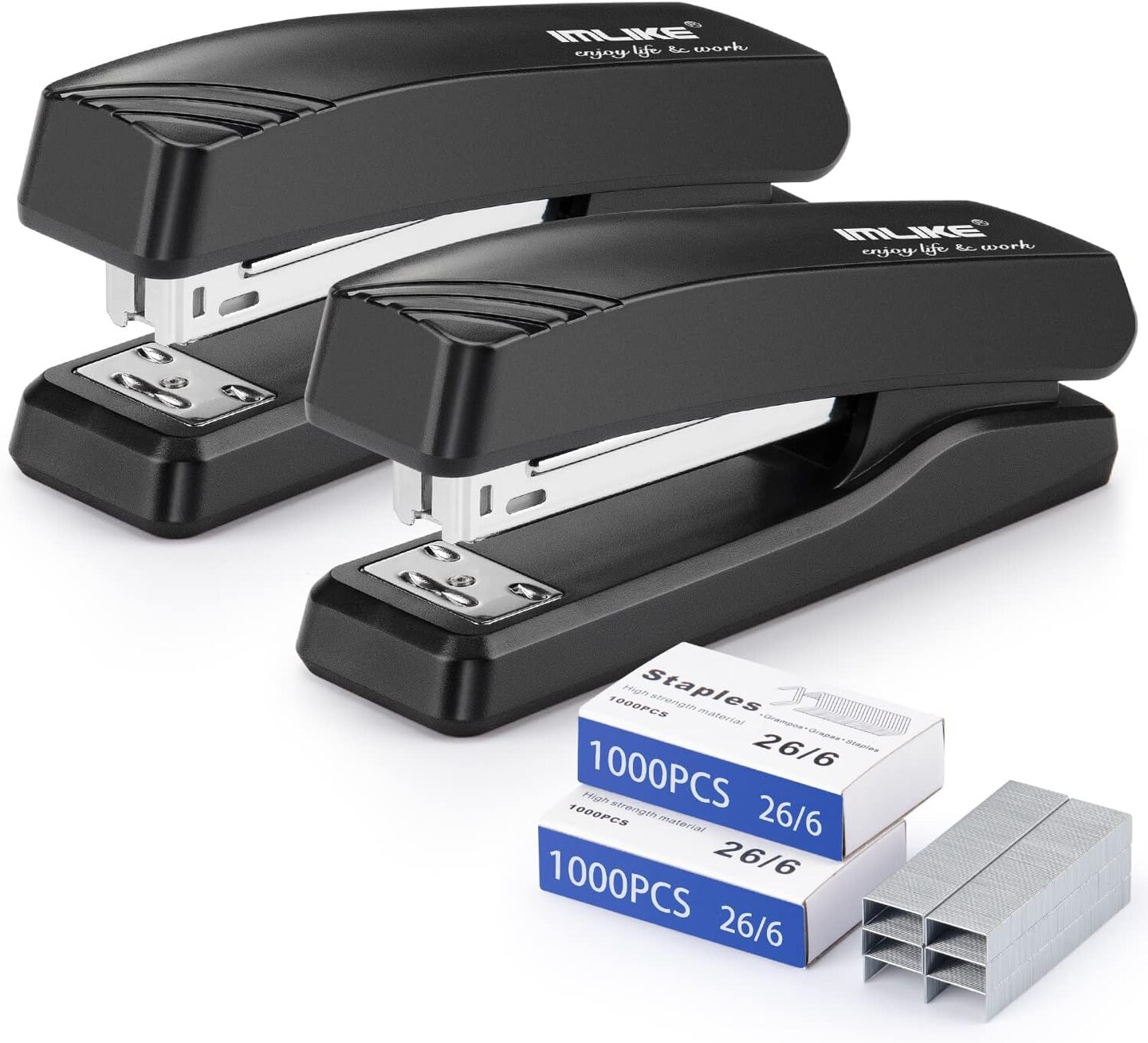 Desktop Office Stapler with 2000 Staples: Half Strip Desk Staplers, take 26/6 Staples 25 Sheets Capacity, Metal Construction, Non-Slip Base, Black, 2-Pack
