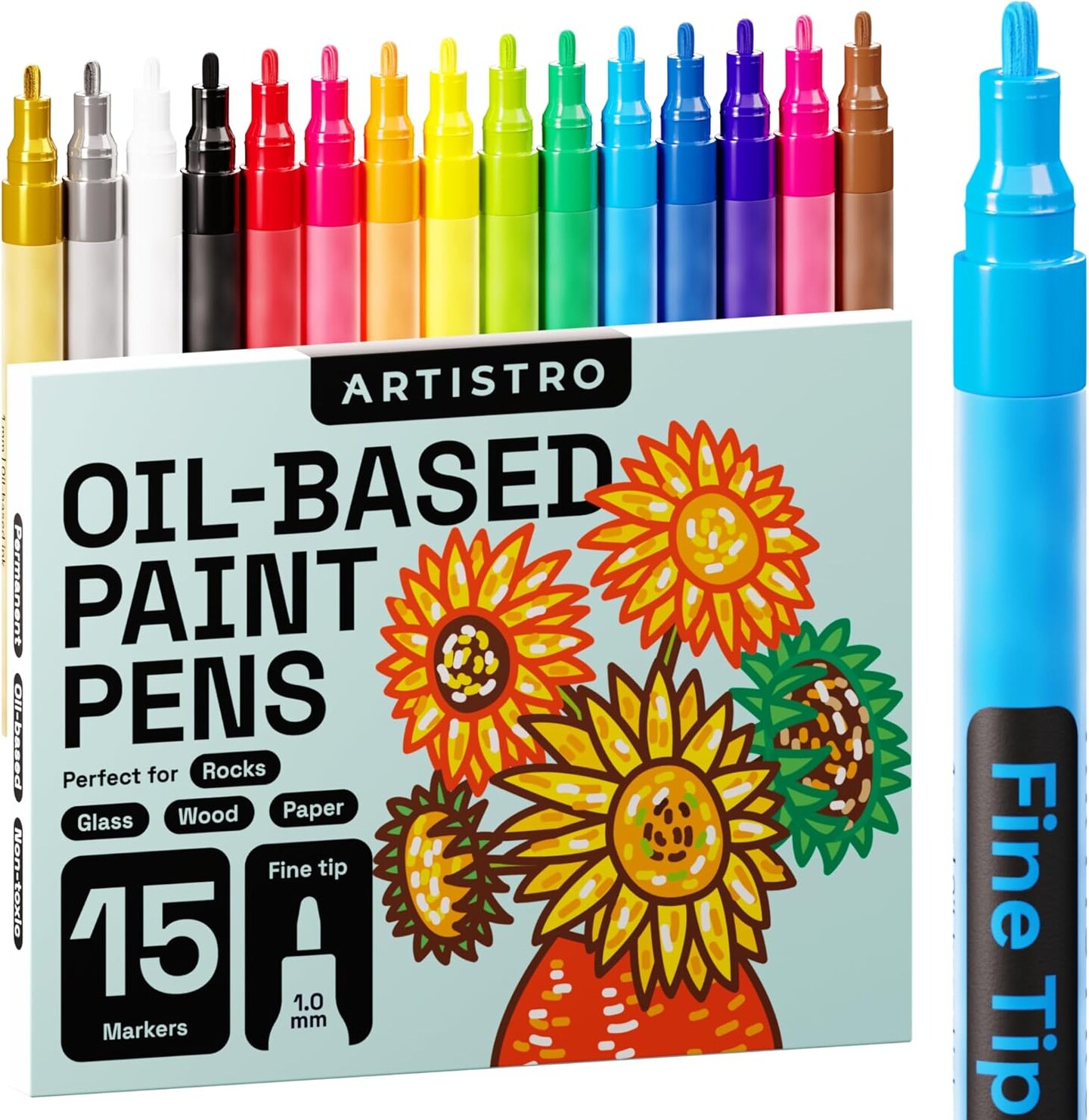 15 Oil-Based Permanent Paint Markers - Assorted Sets of Fine and Medium Tip Markers for Wood, Rock, Fabric, Glass, Ceramic, Metal, Plastic, and More - Quick Dry, Waterproof, Permanent