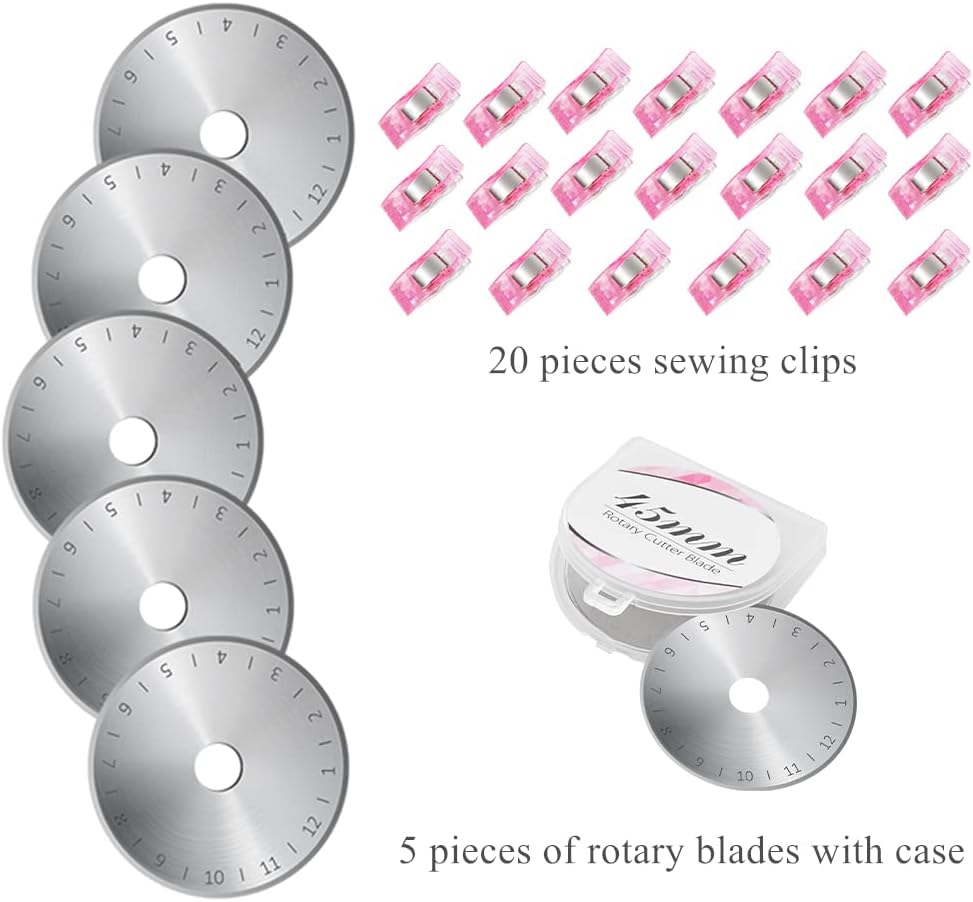 Rotary Cutter Set - 45mm Fabric Cutter, 5 Replacement Rotary Blades, A3 Cutting Mat, Quilting Ruler and Sewing Clips, Craft Knife Set, Ideal for Crafting, Sewing, Patchworking, Pink
