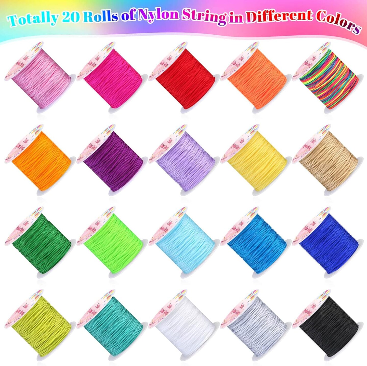 Nylon String for Bracelets, 20 Rolls Chinese Knotting Cord Nylon Beading Thread for Kumihimo, Braided Bracelets, Beading, Necklaces, Macrame Craft, Wind Chime, Jewelry Making