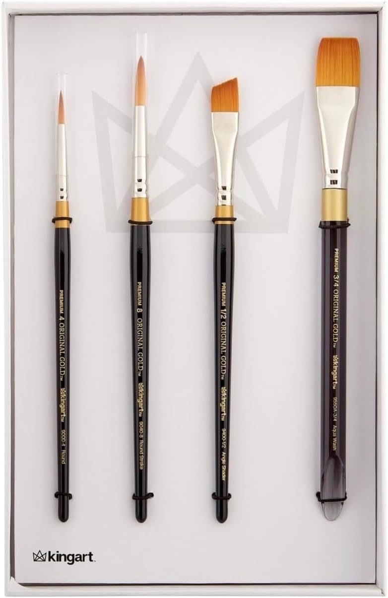 Original Gold Series Premium Golden Taklon Multimedia Artist Brushes, Painting Tools for Oil, Acrylic, Watercolor and Gouache, Gift Box, Set of 4