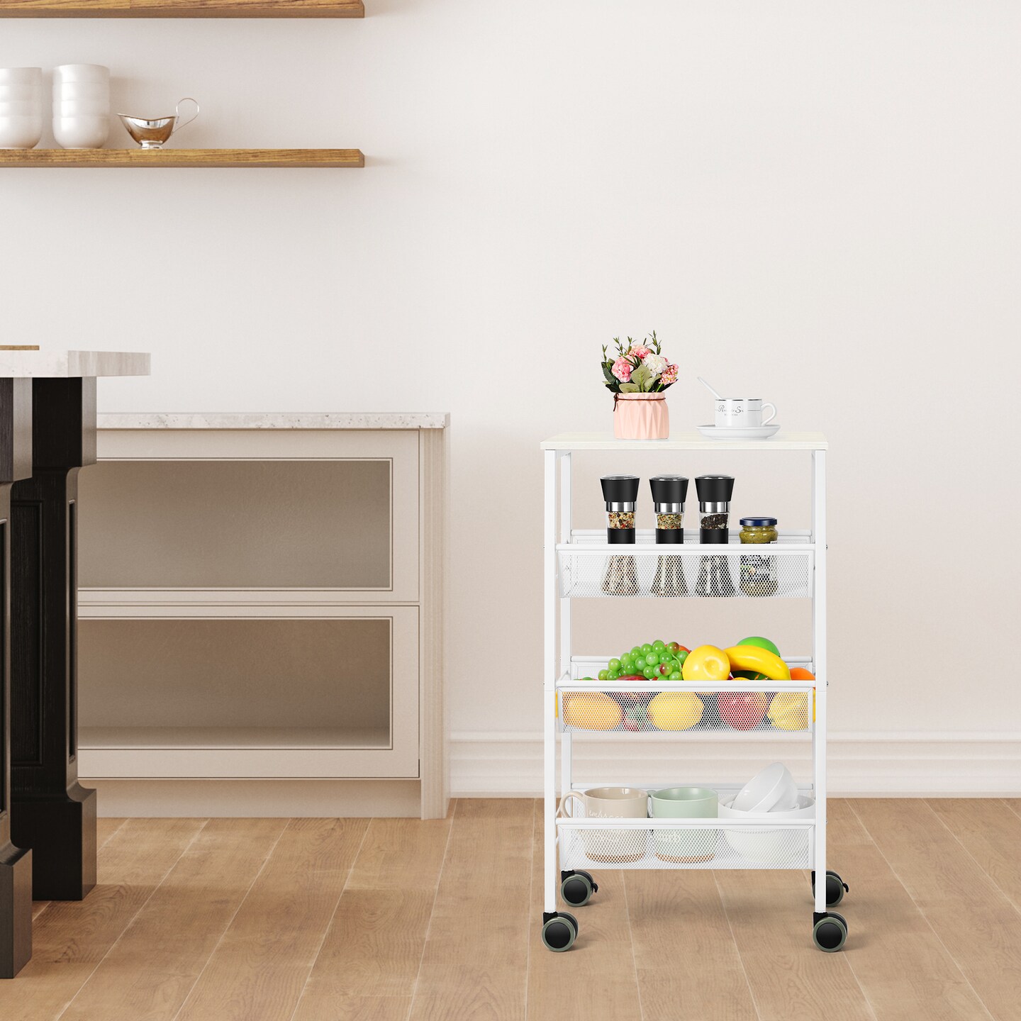 4 Tier Utility Rolling Cart on Wheels Serving Cart with Storage Organizer White