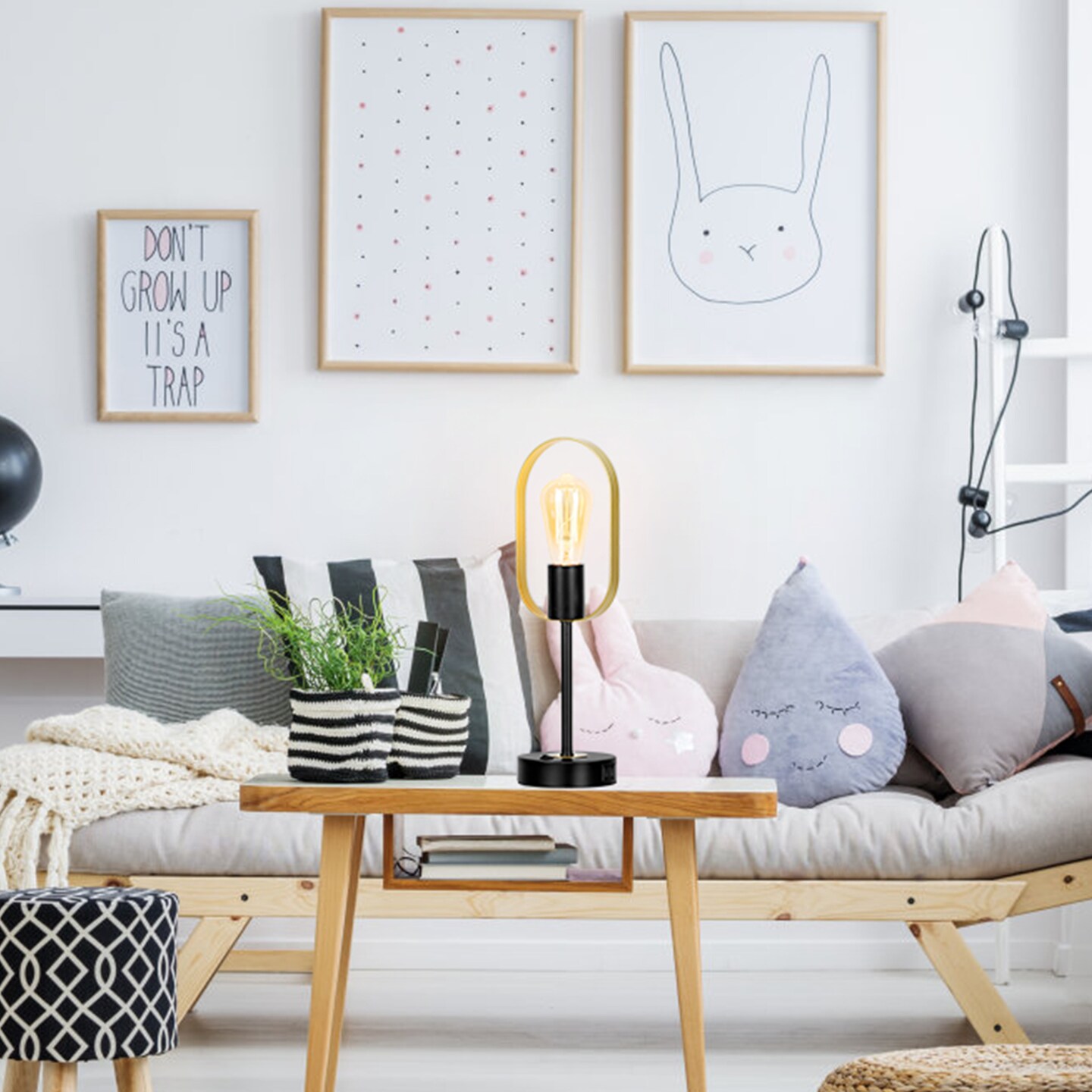 Modern Oval Ring Table Lamp Unique Desk Light with 2 USB Ports & AC Outlet for Bedroom, Office, or Living Room