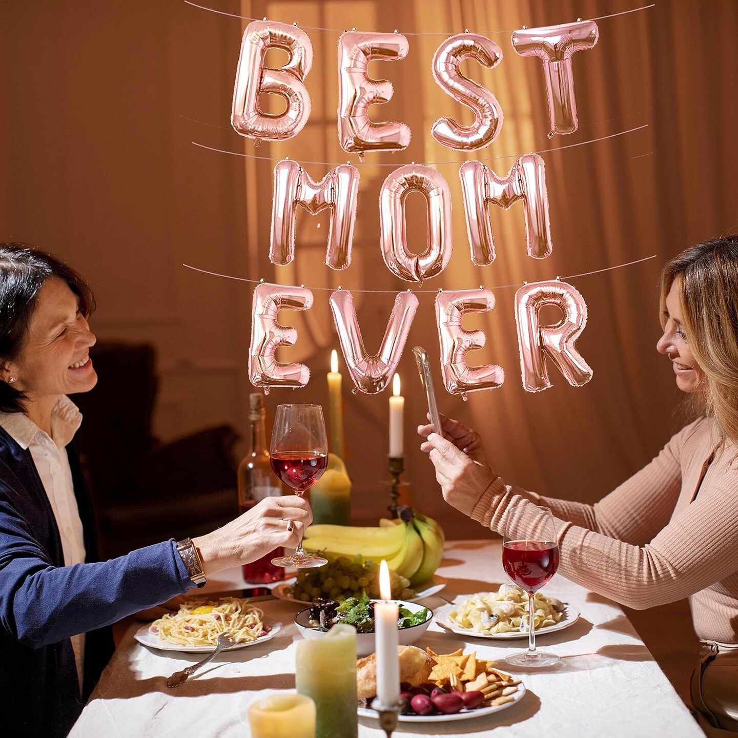 16 Inches Best Mom Ever Balloons Hanging Banner Decorations, Rose Gold Aluminum Foil Letter Balloons for Mother&#x27;s Day Birthday Baby Shower Gender Reveal Party Supplies