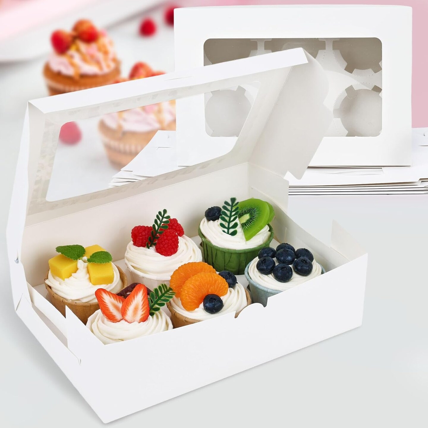 6 Count White Cupcake Boxes, 6 Sets Cupcake Carrier with Window Boxes Holding 36 Pastry Box for Birthday Holiday Party Bakery Supplies