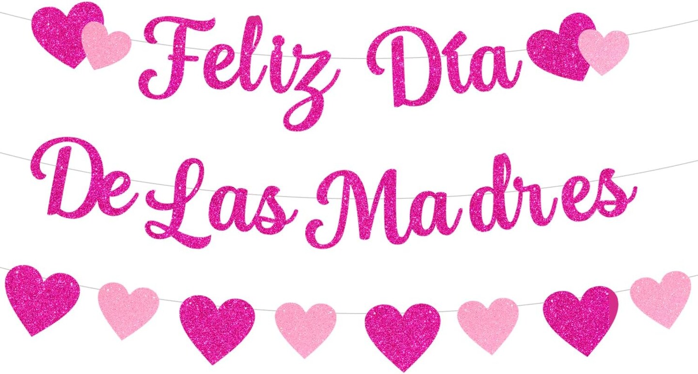Glittery Feliz Dia De Las Madres Banner with Heart Rose Red Pink Happy Mother’s Day Banner 118.11 Inches