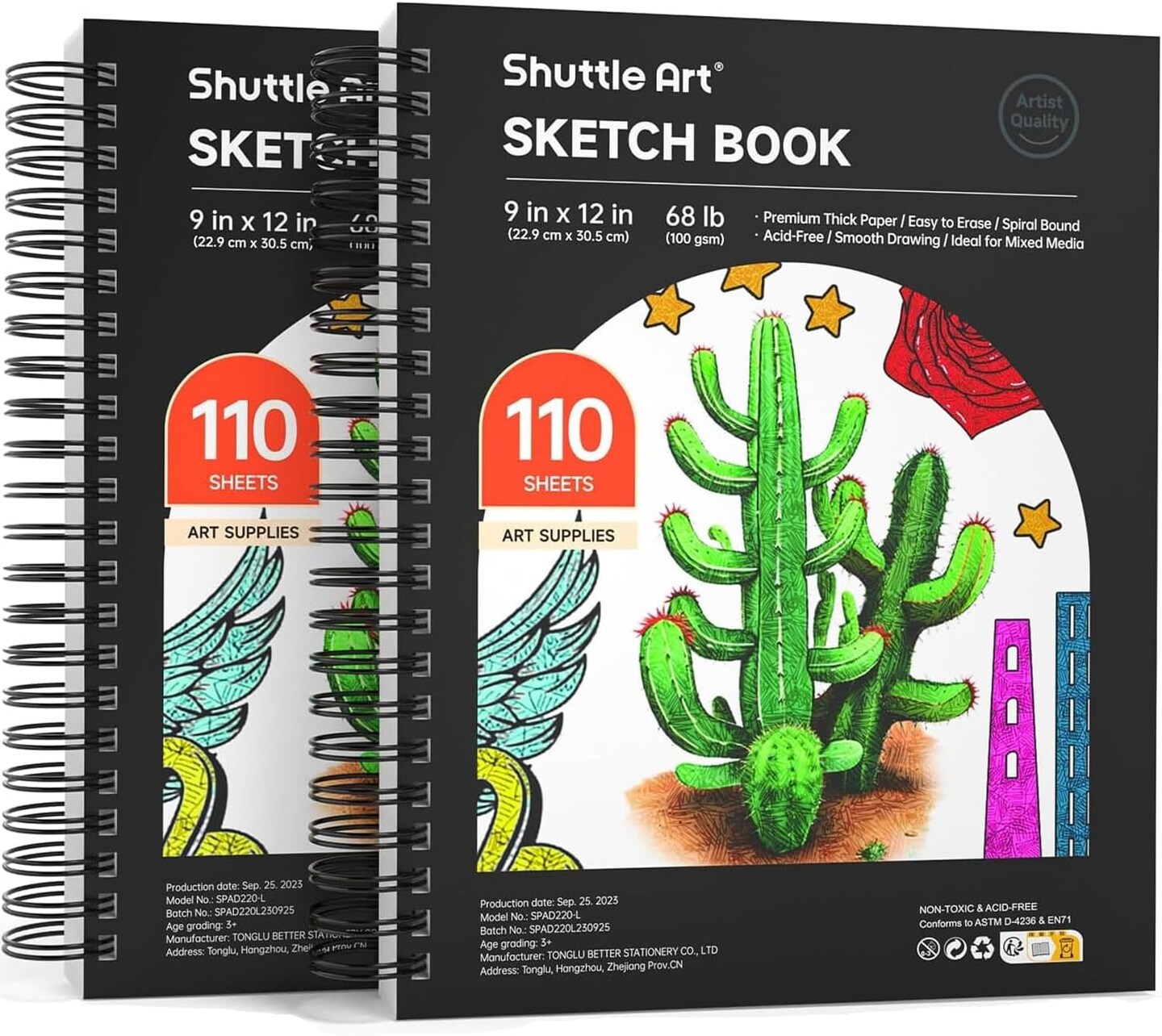 2-Pack 9x12” Sketchbooks – 110 Sheets Each, 68lb/100gsm Acid-Free Mixed Media Paper