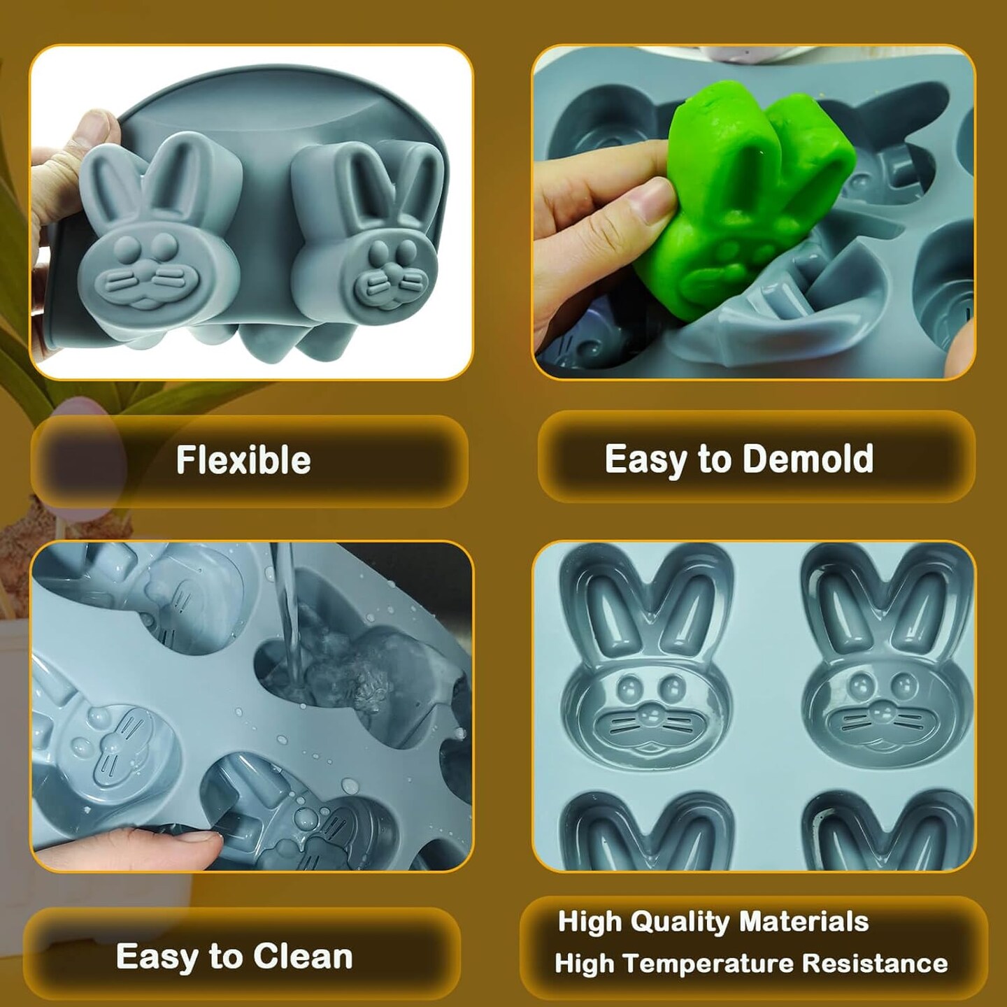 2 Pcs Easter Bunny Silicone Molds for Baking, Large Easter Rabbit Mold Silicone Chocolate Mold for Easter Party Supplies Cake Jelly Ice Cube Pudding Candy Cookie Baking Soap Candles Making (Grey)