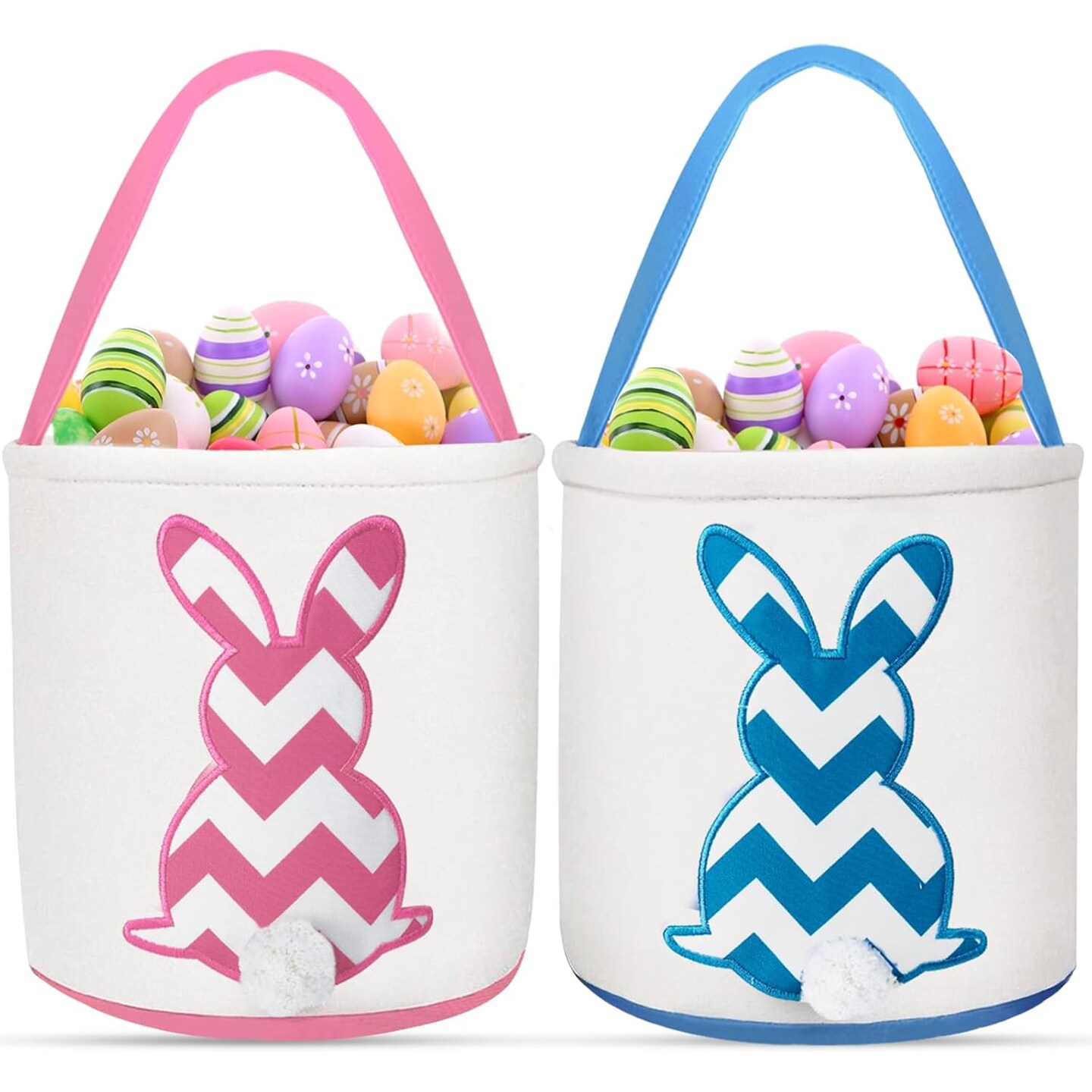 2 Pack Easter Eggs Baskets for Kids,Canvas Personalized Easter Bunny Baskets Bucket Tote Gifts Bags with Rabbit Tail for Girls Boys Easter Eggs Hunt Easter Party Favors Decorations Toy