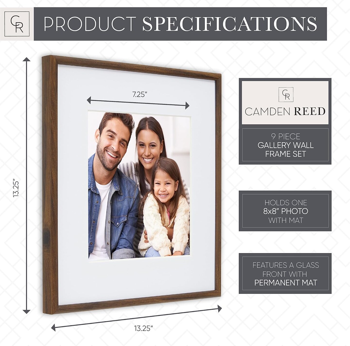 Reed 9 Piece Gallery Wall Frame Set, matted frames feature Photograph or Art Print, 8x8, Dark Brown Woodgrain Finish