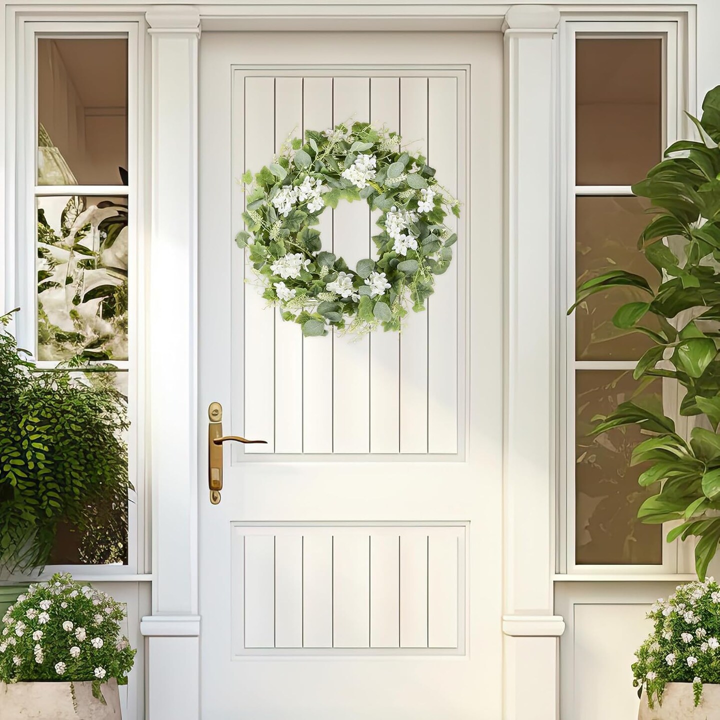 Spring Wreaths for Front Door White Flowers Grapevines Green Eucalyptus Leaves