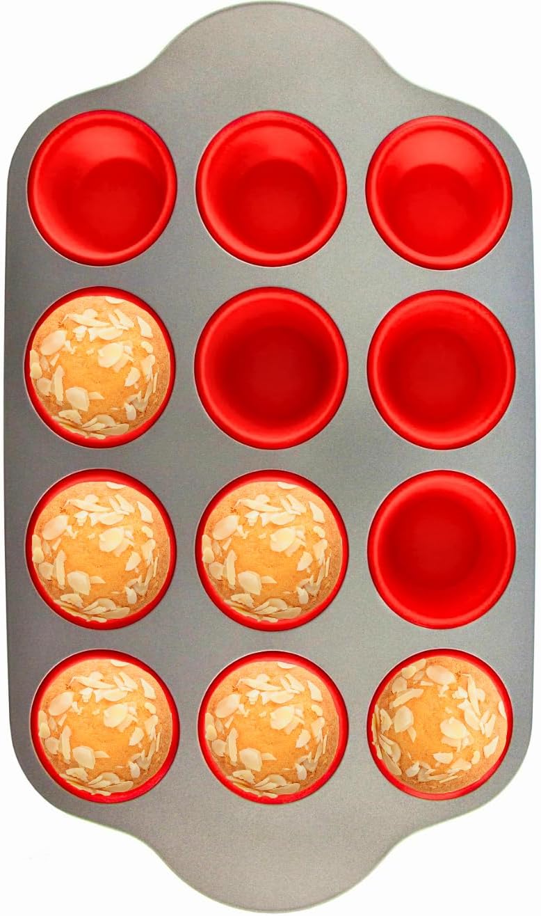 Non-Stick 12 Cup Silicone Muffin Pan With Steel Frame - BPA Free, Non-Toxic, Anti-Warp, Durable &#x26; Easy to Pop Silicone Muffin Tin - Perfect Cupcake Pan