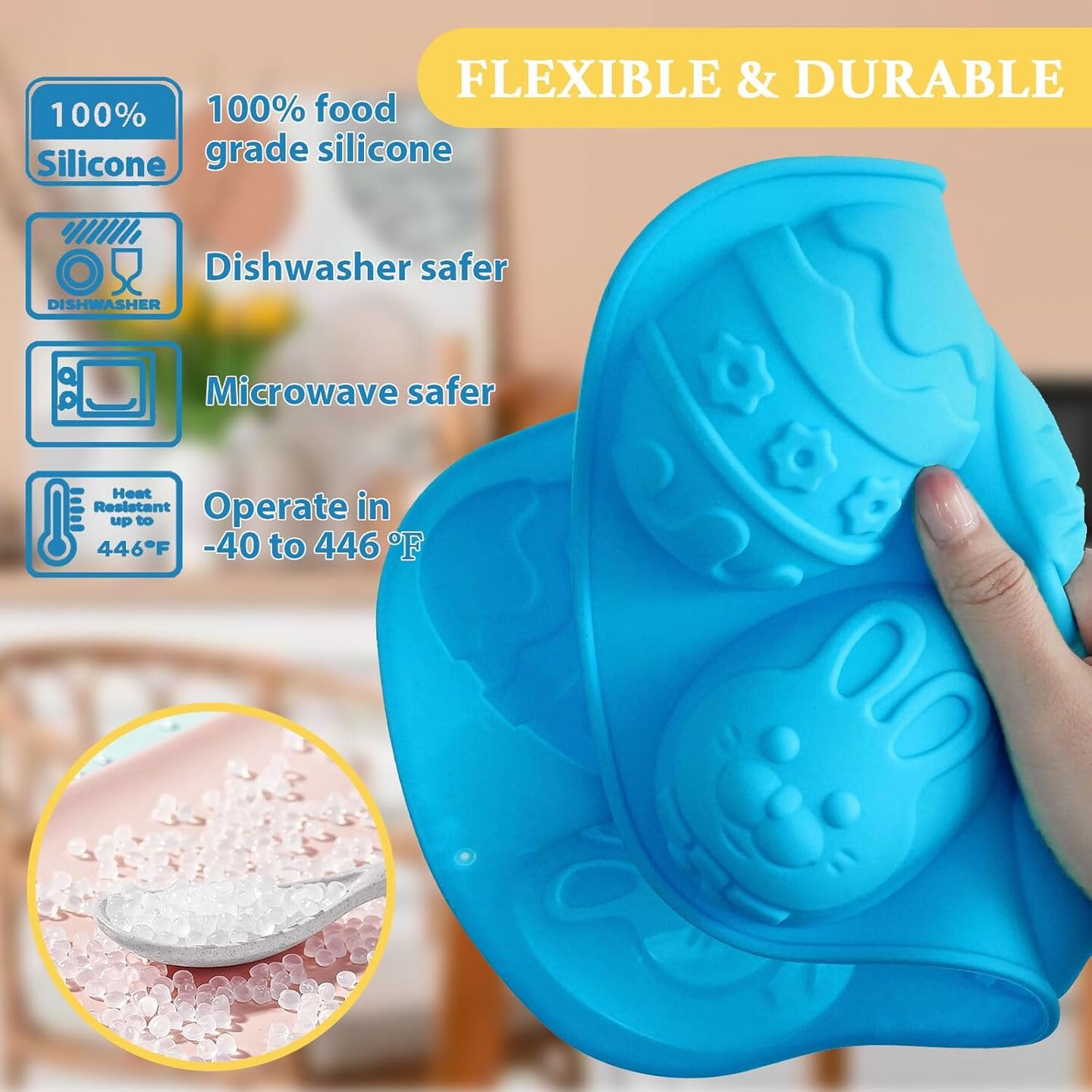 Easter Egg Molds Silicone 3.5 Inch, 2-Pack Chocolate Baking Holiday Mould, Non-Stick BPA Free, Kid-Friendly Soap Rabbit & Floral Designs, Blue & Pink