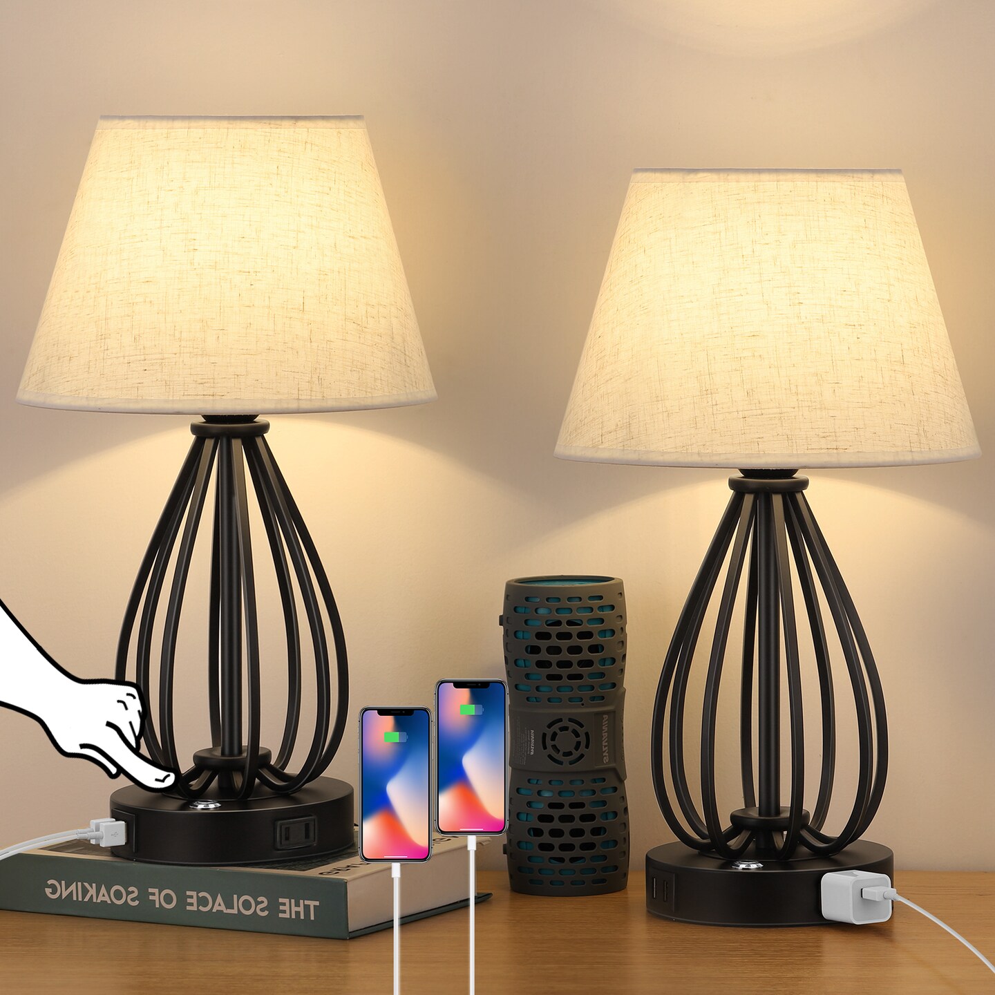 2pcs USB Touch Control Desk Lamp Set Bedside Table Lamps with AC Socket &#x26; Dual USB Ports, 3-Way Dimmable, Linen Shade Eye-Caring Nightstand Lighting