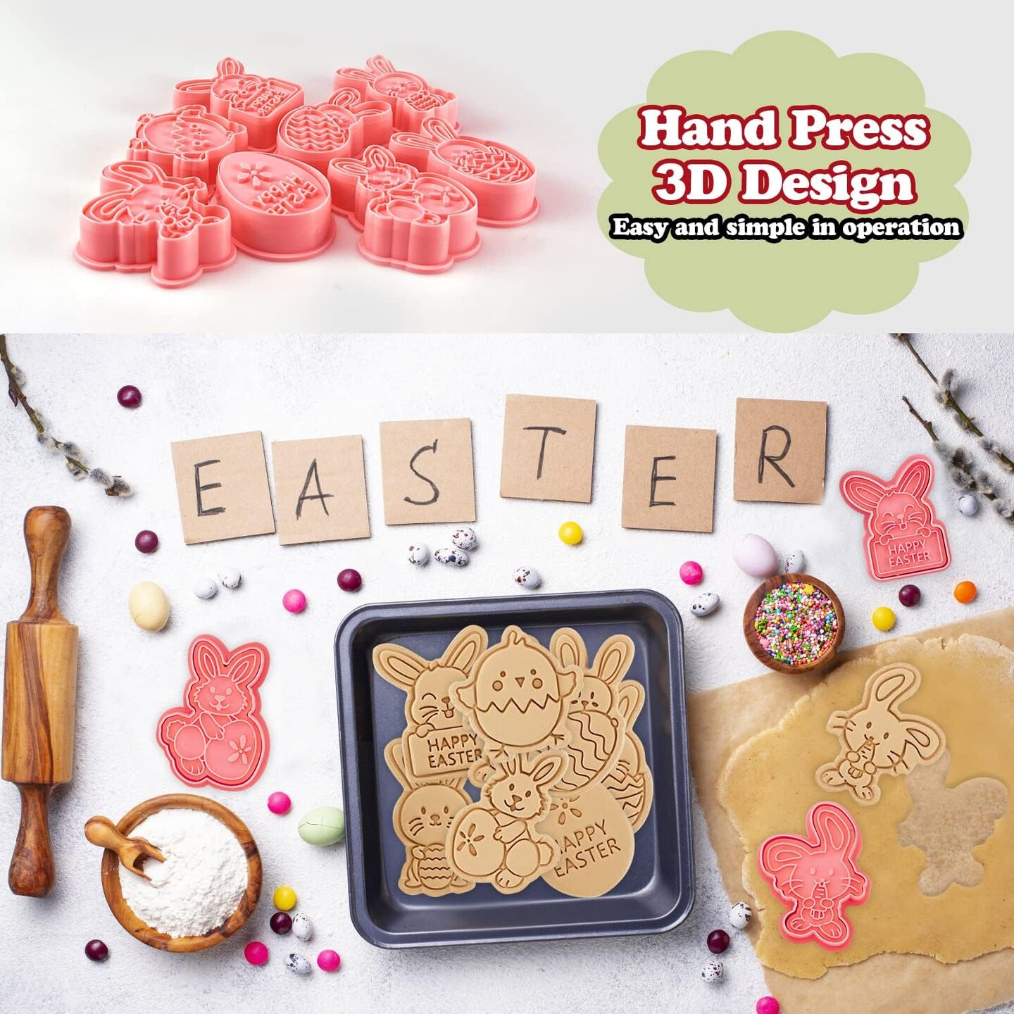 8 Styles Easter Bunny Cookie Cutters, Easter Biscuit Fondant Pastry Cookie Cutter Stamps for Baking, Easter Fun Cookie Cutters Shapes with Bunny Egg Carrot for Party Decorations