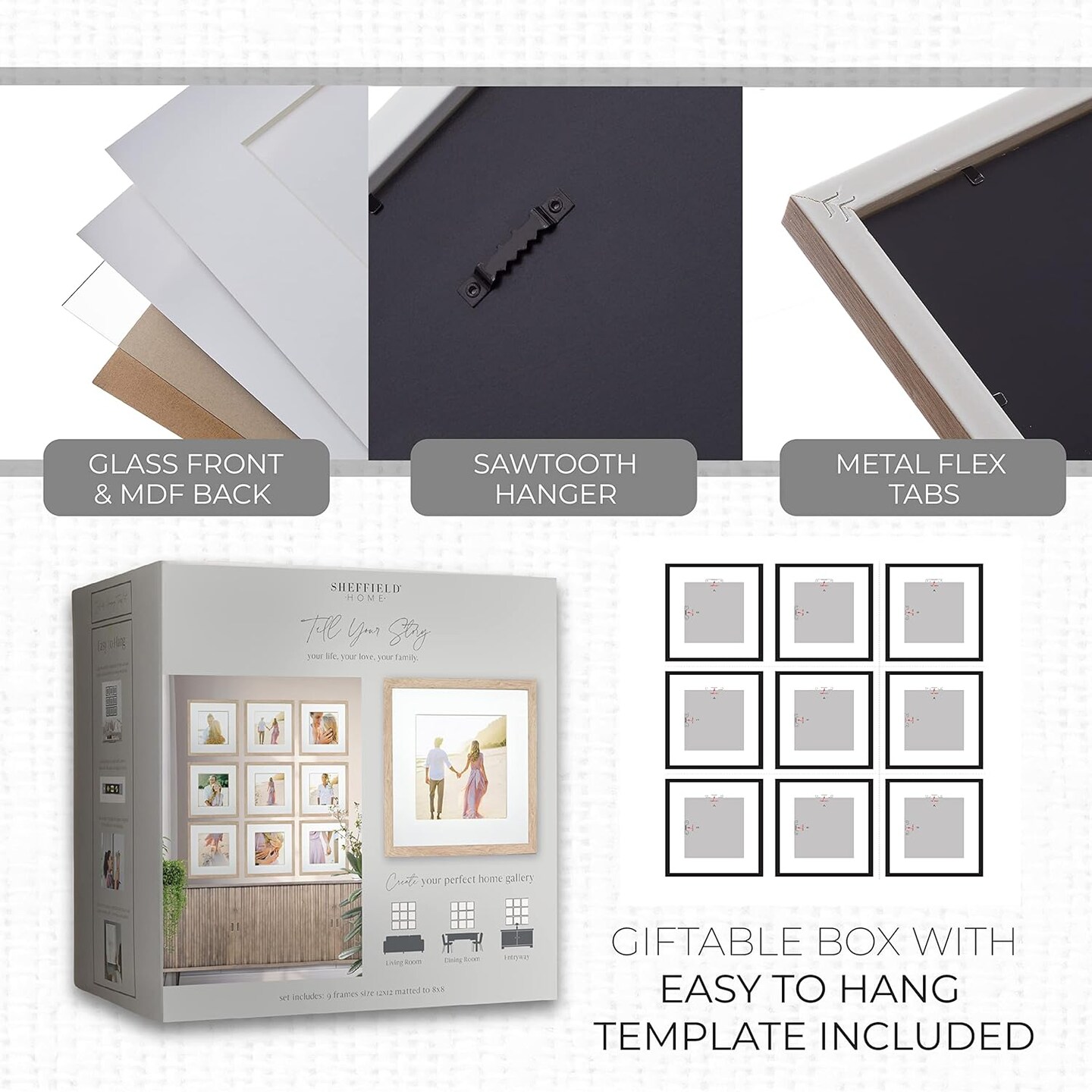 9 Piece Gallery Wall Frame Set, 12x12 in. Matted to 8x8 in. (Light Natural)