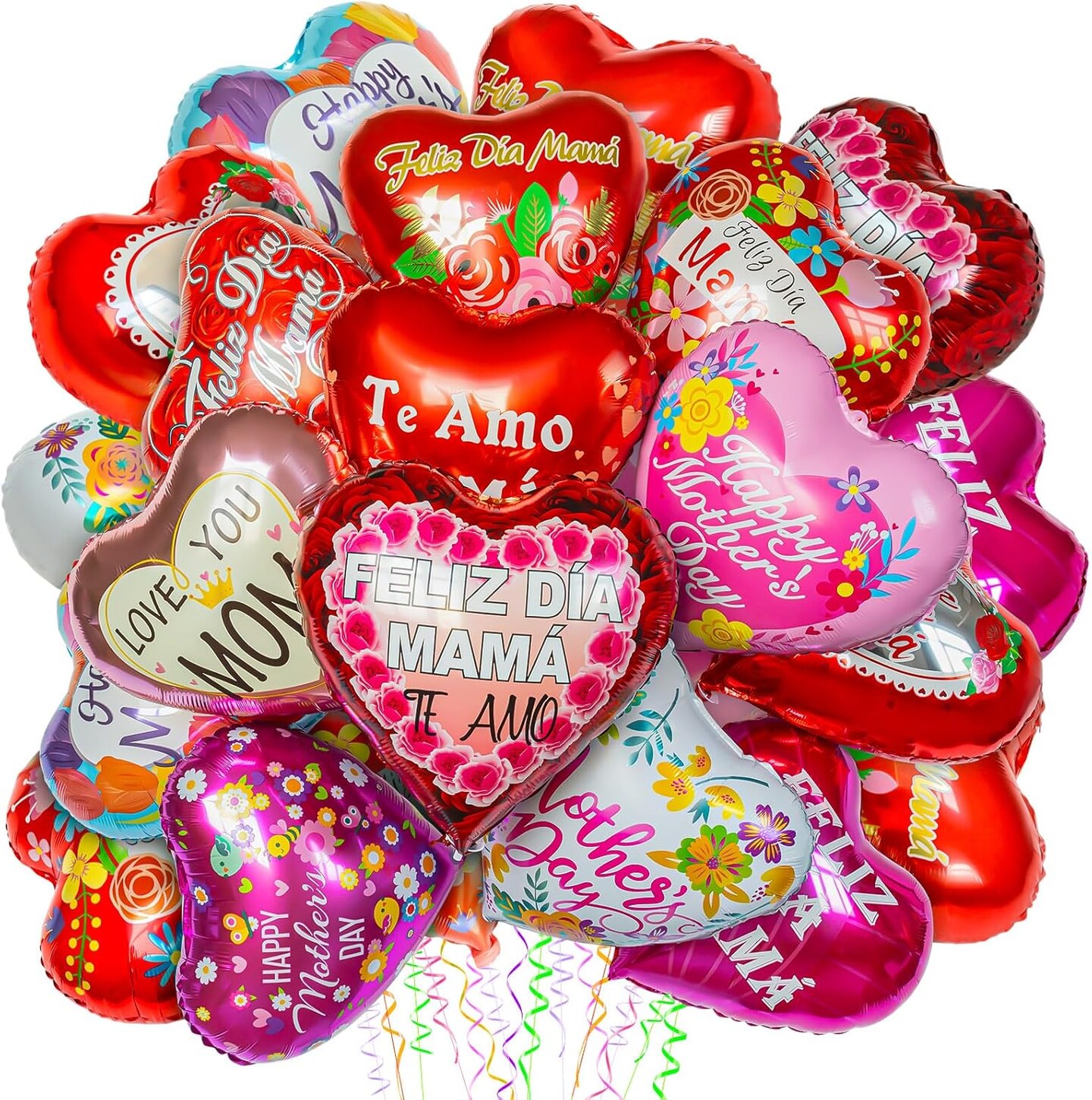 36Pcs Mother&#x27;s Day Balloons, Happy Mom Foil Mylar Day Balloons, Mama Red Heart Balloons for for Best Mom Ever Mom Birthday Party Decoration