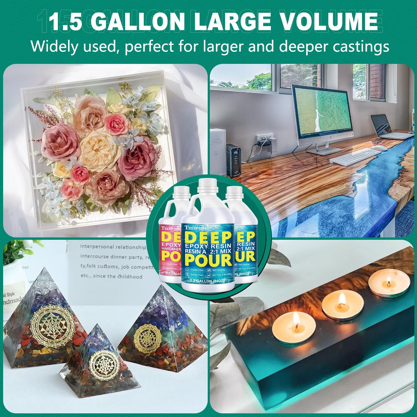 Teexpert Deep Pour Epoxy Resin, 1.5 Gallon Epoxy Resin Kit for 2-4&#x22; Pour Depths, Crystal Clear &#x26; High Gloss, Bubble-Free Casting Resin for River Tables, Flower Preservation and Mold Crafts - 2:1 Mix