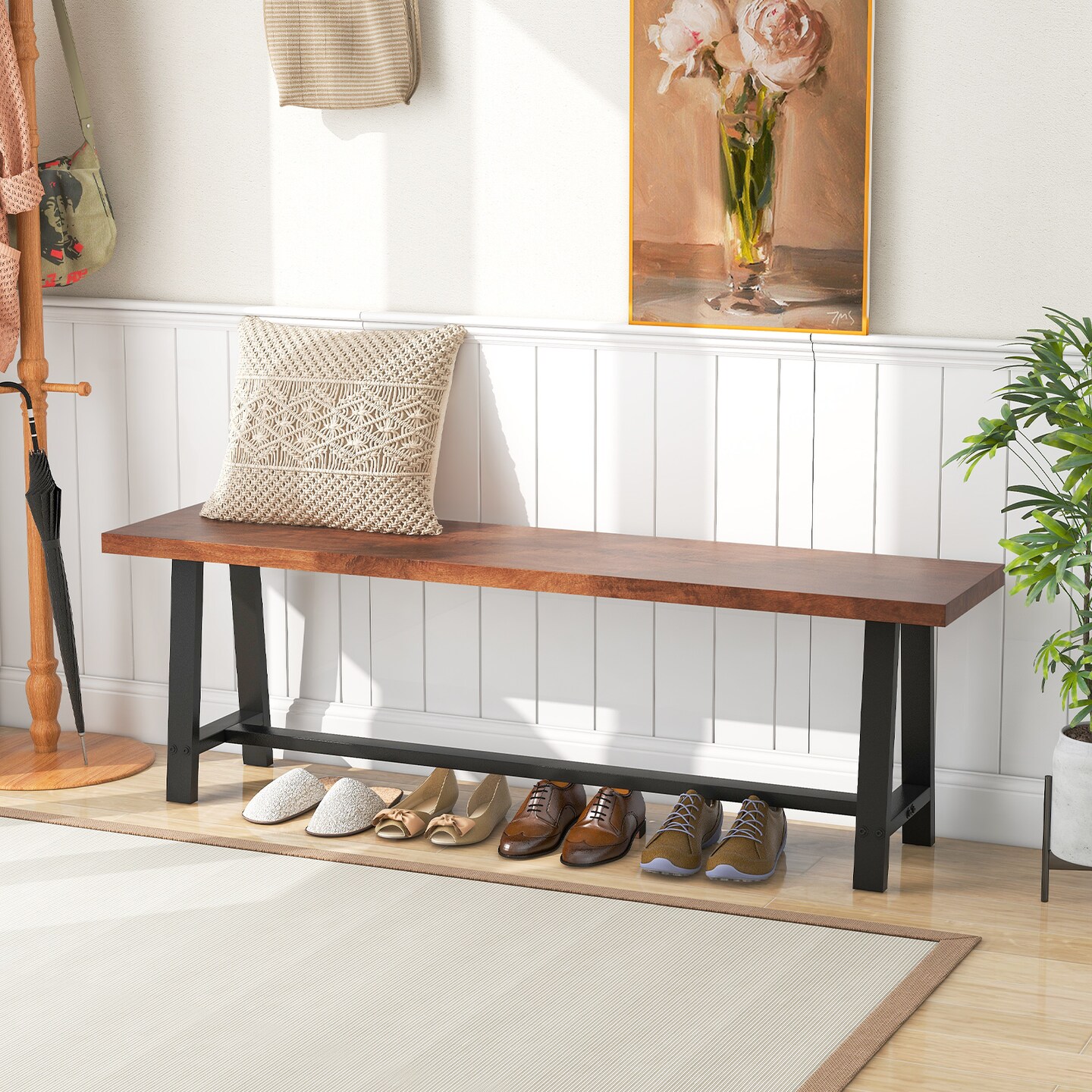 Costway 1/2 PCS 60&#x22; Dining Bench 3 Person Entryway Shoe Bench with Metal Frame for Hallway