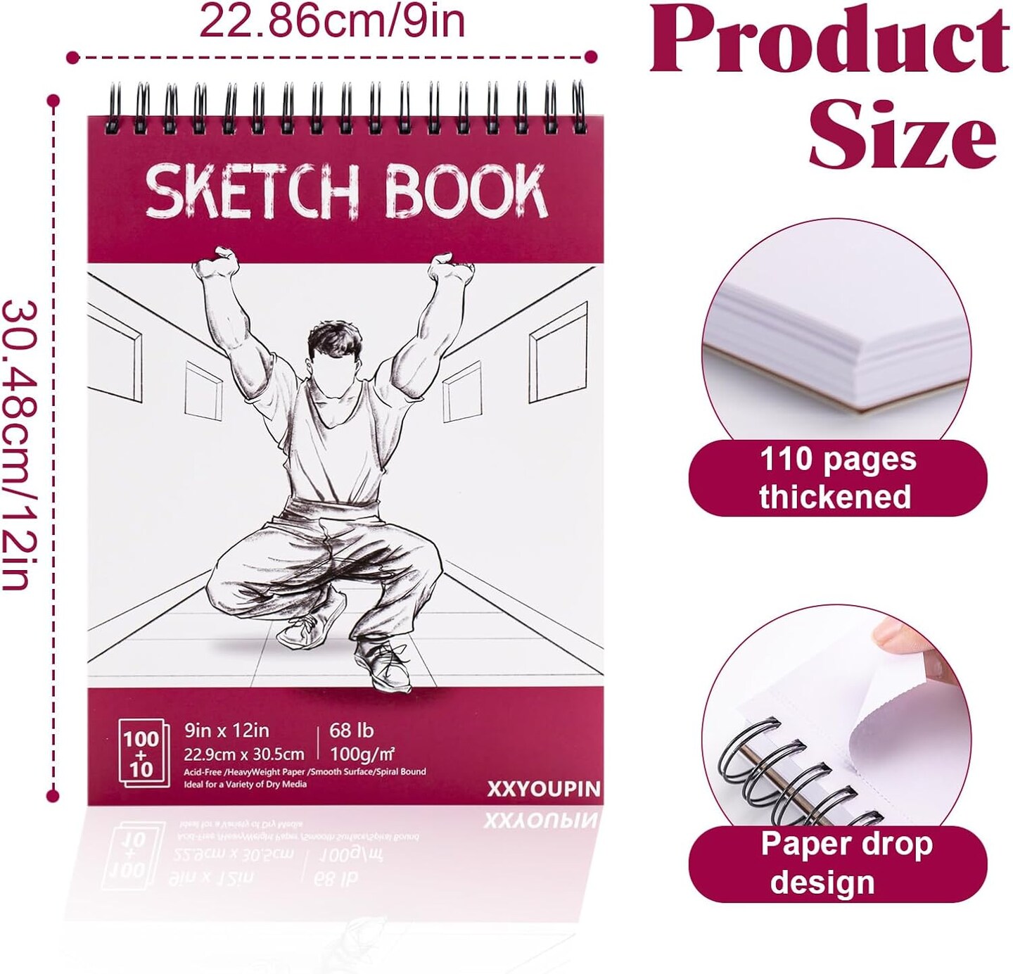 9x12 Inch Spiral Bound Sketchbook 110Page 68lb/100gsm AcidFree Paper for Drawing Painting Writing Mixed Media Art Supplies(1 Pack)