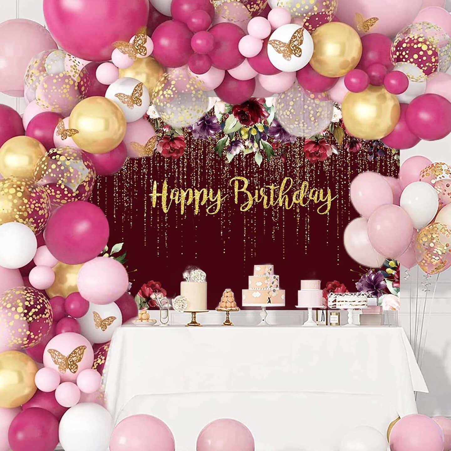 Happy Birthday Banner – Red Rose & Gold Glitter, 70.8×43.3in Party & Photo Booth Decor