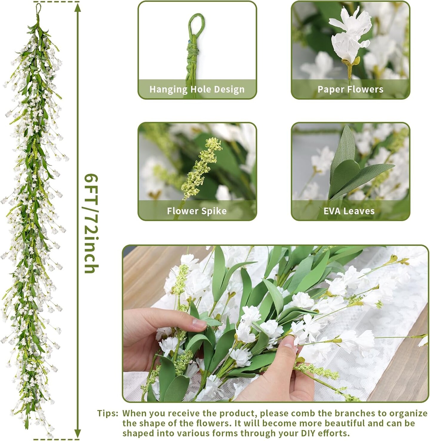 Flower Garland 6 Ft Spring/Summer Floral Garland for Mantle All Year Round Paper Decor for Indoor/Outdoor Home Wedding Arch Porch Staircase Backdrop (White)