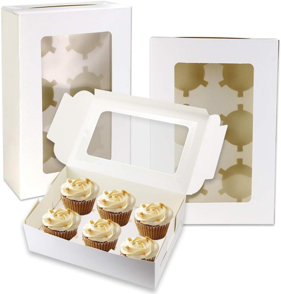 20Pack White Cupcake Boxes with Inserts 6 Holders,White Standard Bakery Boxes with Pvc Window,Cupcake Containers Bakery Cake Box,Auto-Popup Cupcake Containers Carriers Bakery Cake Box(9x6x3inch)