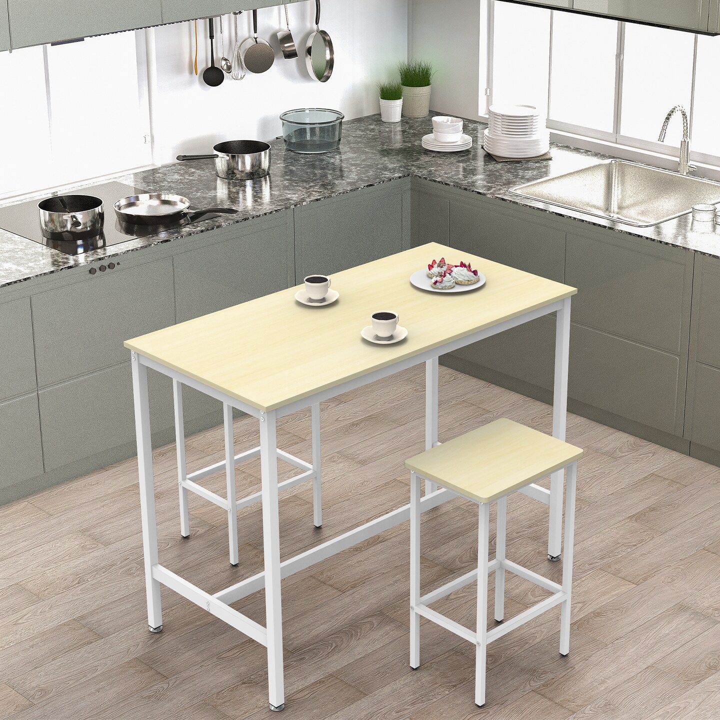 3-Piece Industrial Counter Height Dining Set Breakfast Bar Table with 2 Stools, Space-Saving Kitchen Bistro Set, Adjustable Feet