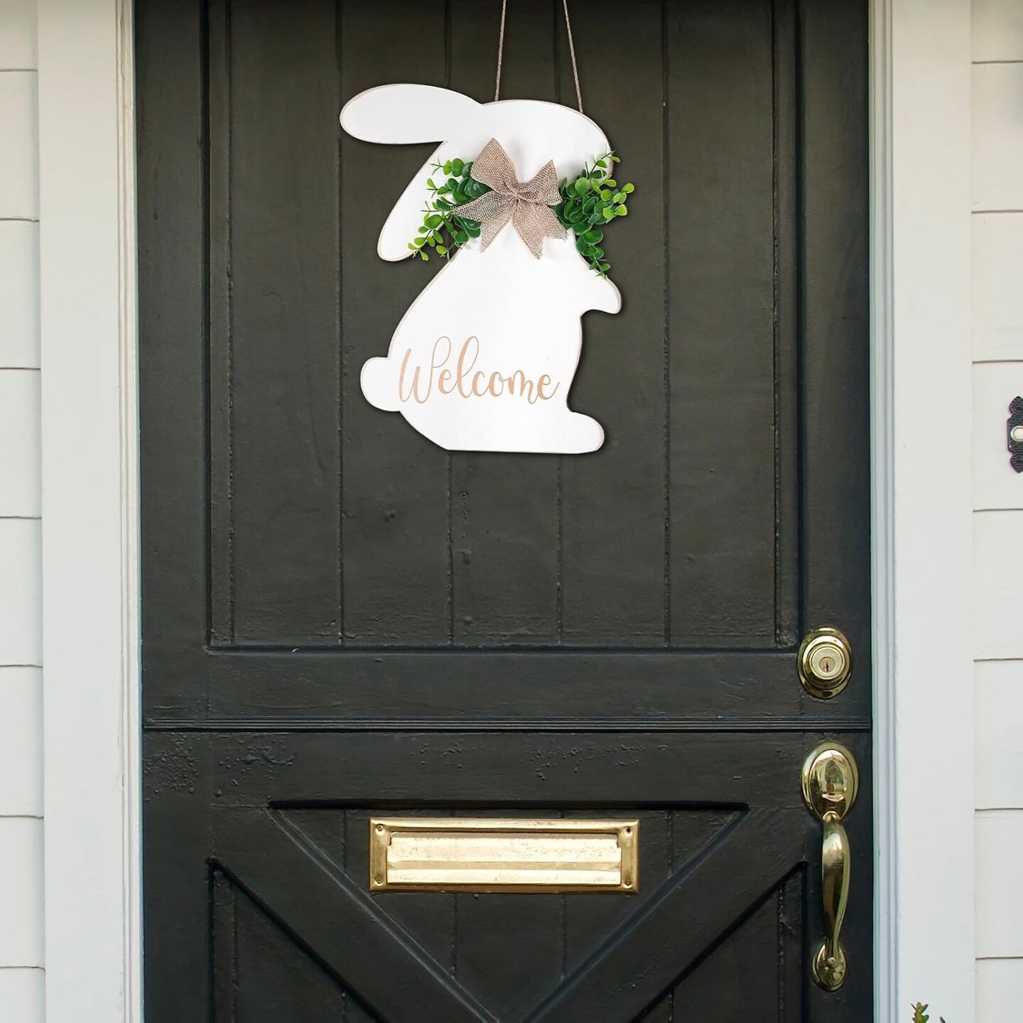 Easter Decorations Door Sign, Wooden Rustic Welcome Easter Front Door Hanger, White Easter Bunny Wreath Hanging For Spring Wall Home Farmhouse Indoor Outdoor Decor (Bunny)