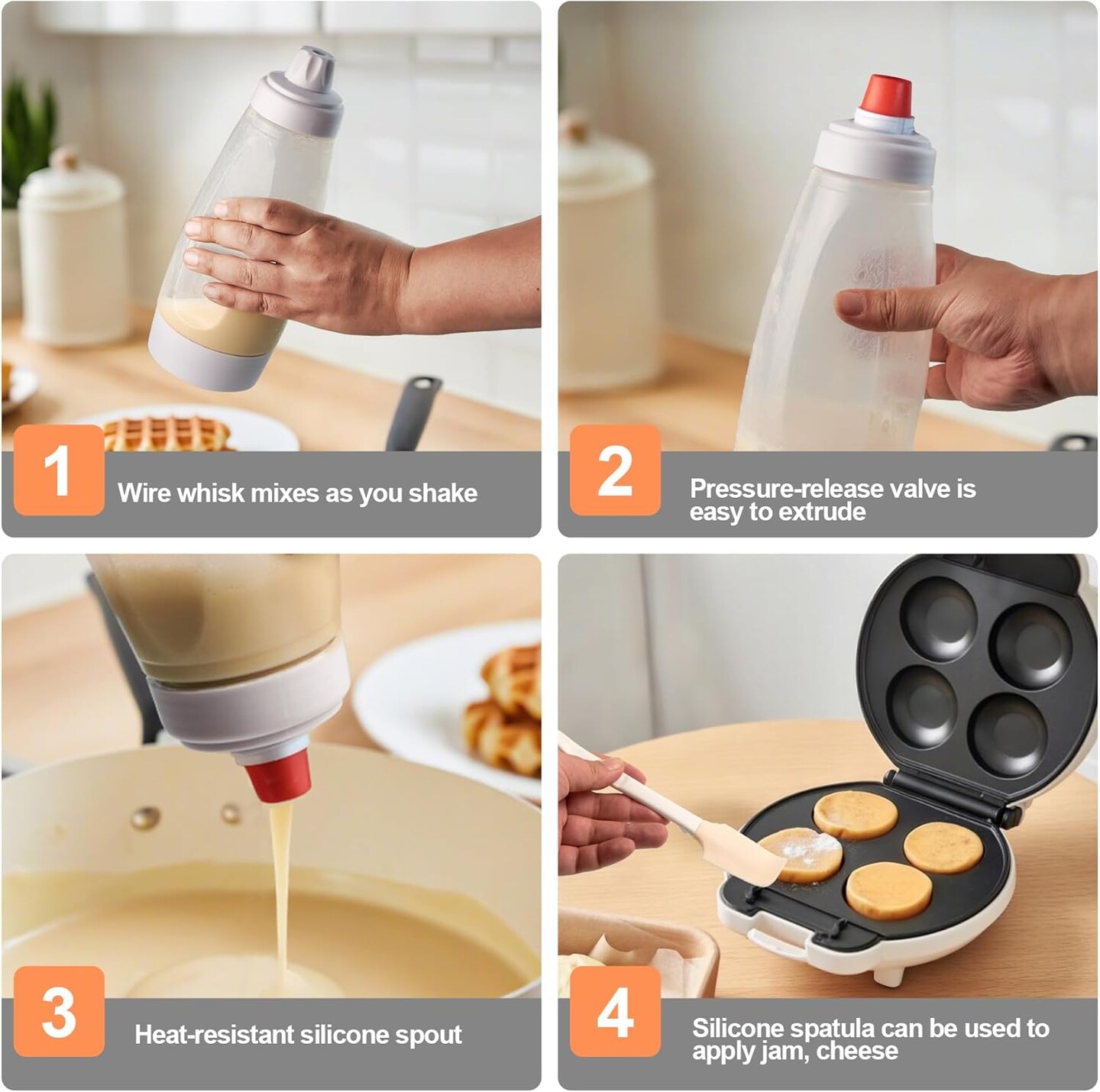 2 Packs of Pancake Batter Dispenser with Blender Balls, Equipped with Silicone Spatula Pancake Mixer Bottle, Kitchen Batter Squeezer Bottle Suitable for Cupcakes, Pancakes, and Muffins