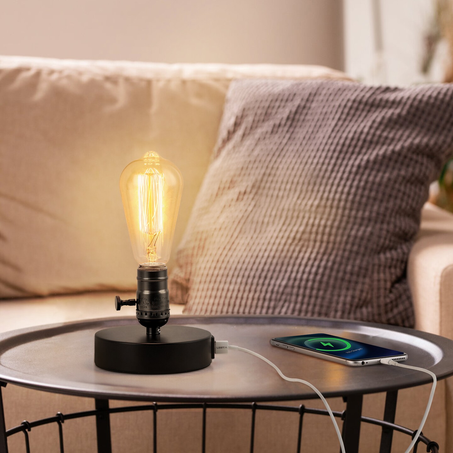 Industrial Vintage Desk Lamp with 2 USB Ports Retro Wood & Metal Table Light for Bedroom, Office, or Café