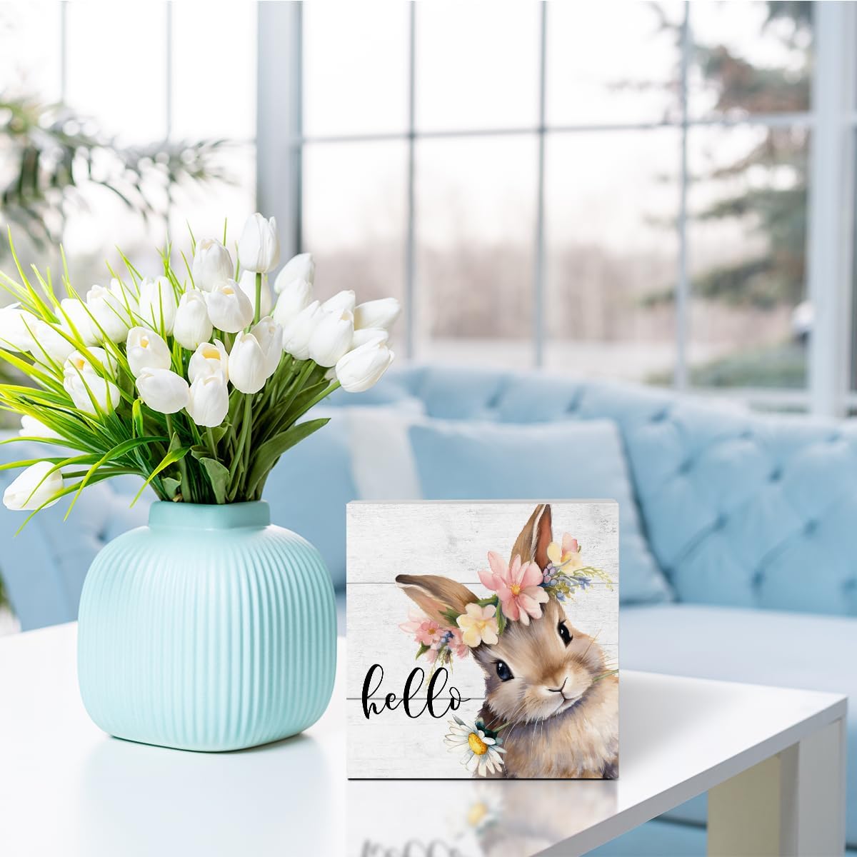 Rustic Spring Easter Decorations Bunny Rabbit Wreath Desk Decor Cute Hello Wood Box Sign Farmhouse Home Office Desk Shelf Cubicle Decor 5 X 5 Inch