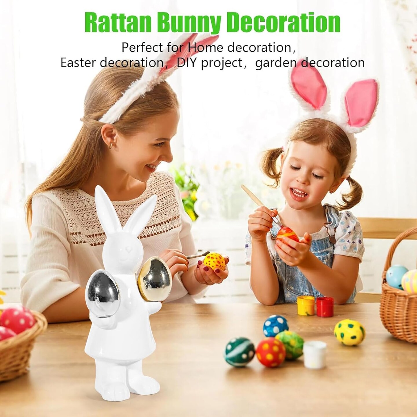 Ceramic Bunny Easter Decor,Table Rabbit Easter Decorations,Spring Bunnies Decoration Statue Figurine for Home Farmhouse(Gold and Silver Eggs-Big)