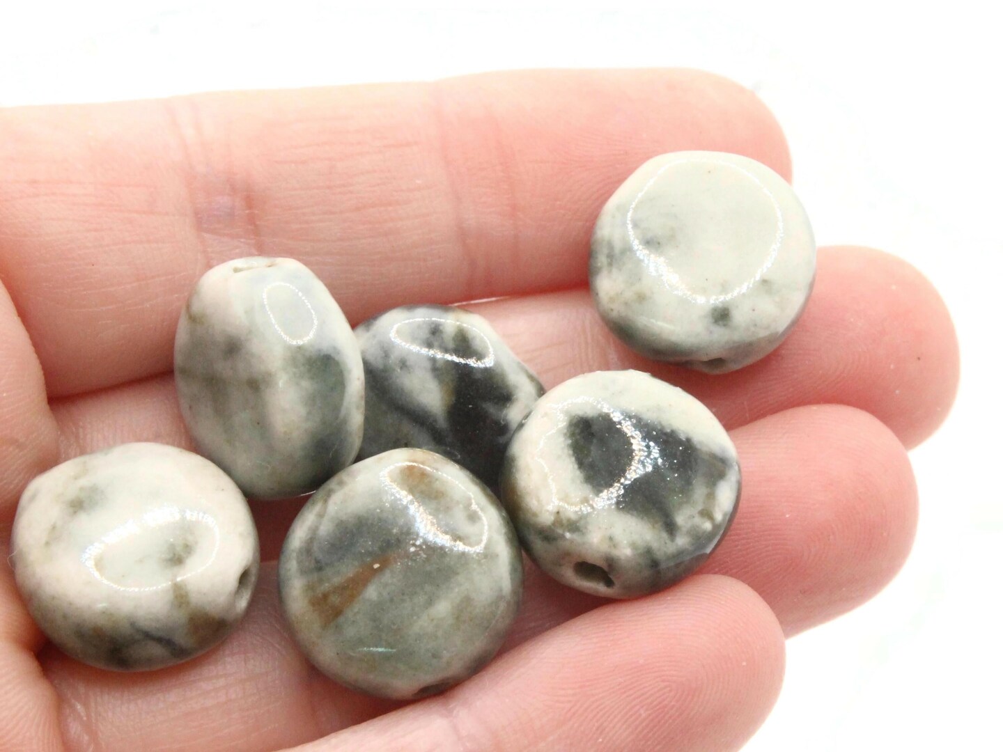 8 15mm Light and Dark Gray Ceramic Coin Large Hole Beads