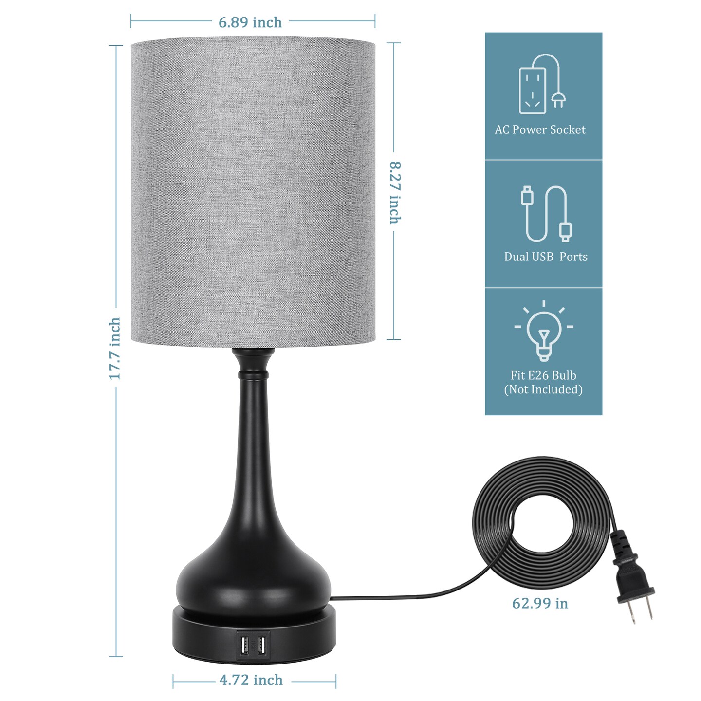 2PCS Table Lamp Bedside Lamp Touch Control 2 USB Ports for Bedroom Living Room