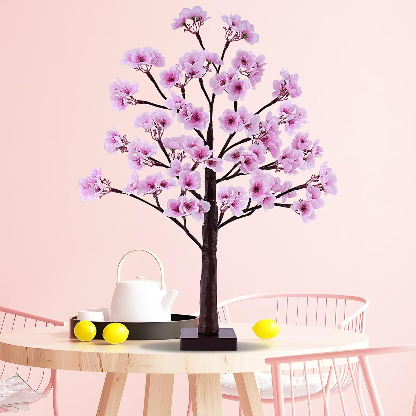 24 Inch Lighted Cherry Blossom Tree Battery Operated 2FT 28 Warm White LED Artifical Bonsai Tree with 84 Lush Flowers, Timer USB Plug for Wedding Party Spring Christmas Home Decoration