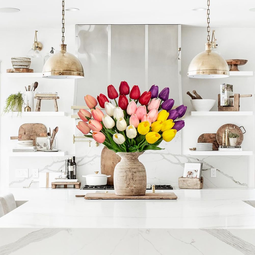 24 Pcs Artificial Tulips Flowers Mixcolor Real Touch Fake Tulips Fake Flowers