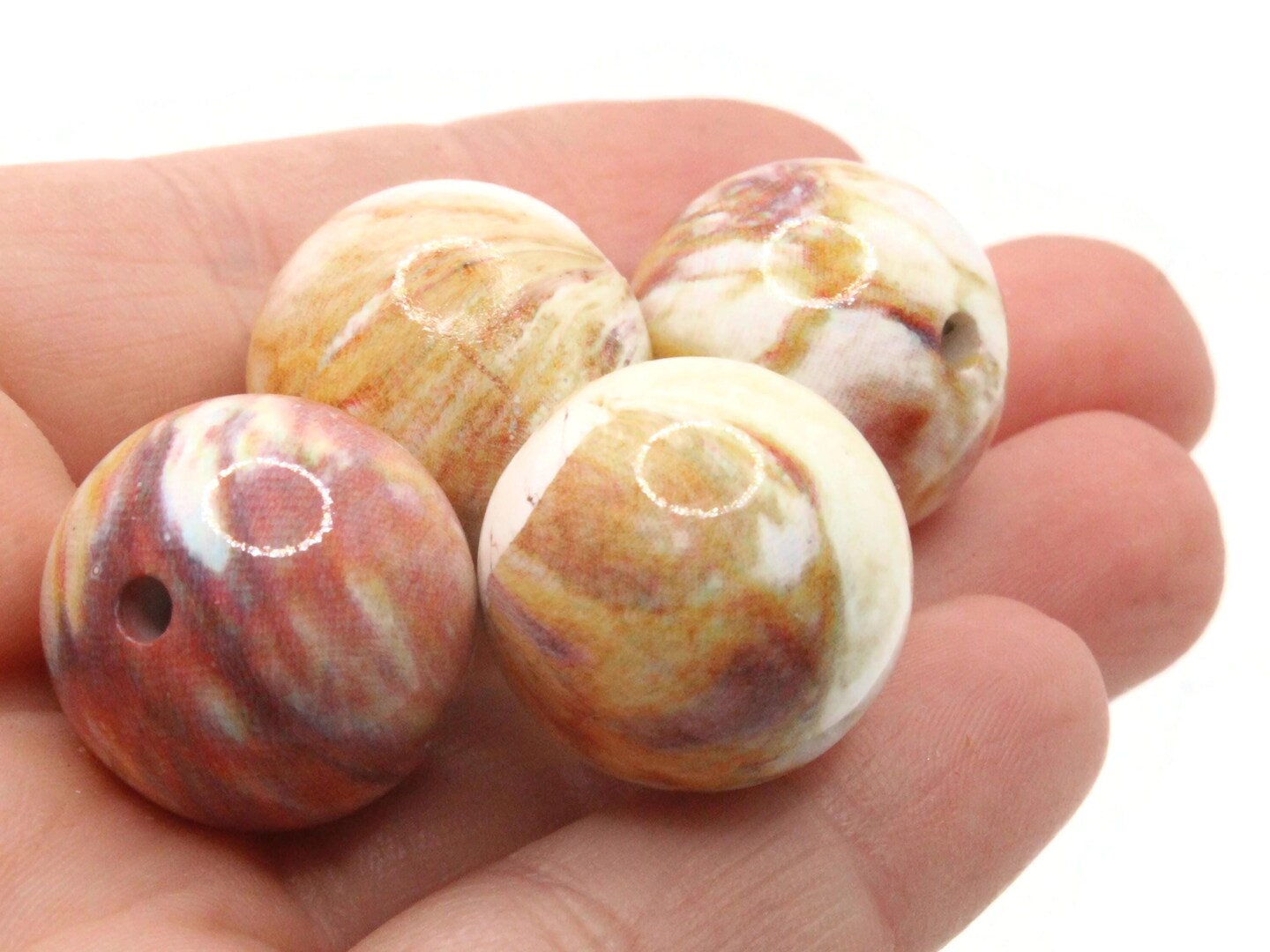 4 20mm Off White with Red and Brown Stripe Vintage Lucite Round Beads