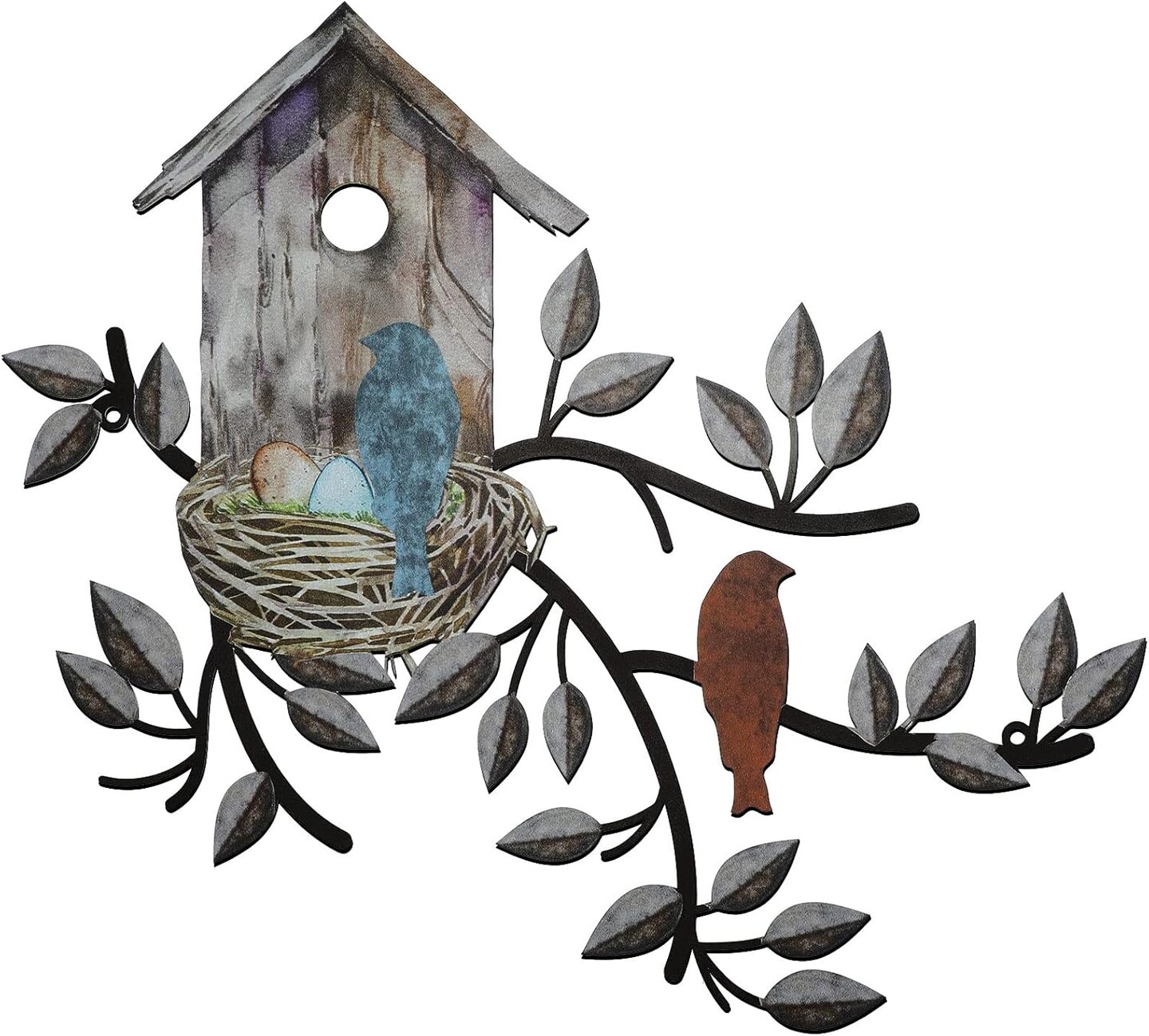Birds Metal Wall Art – Tree with Birdhouse, Indoor & Outdoor Garden Decor (Brown)