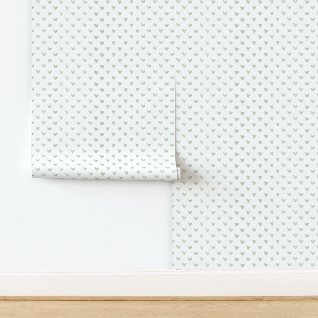 Baby Blanket Sage Green Heart Love Wedding Nursery Valentine White Custom Pre-pasted Wallpaper by Spoonflower Pre-Pasted Wallpaper 2FT Wide