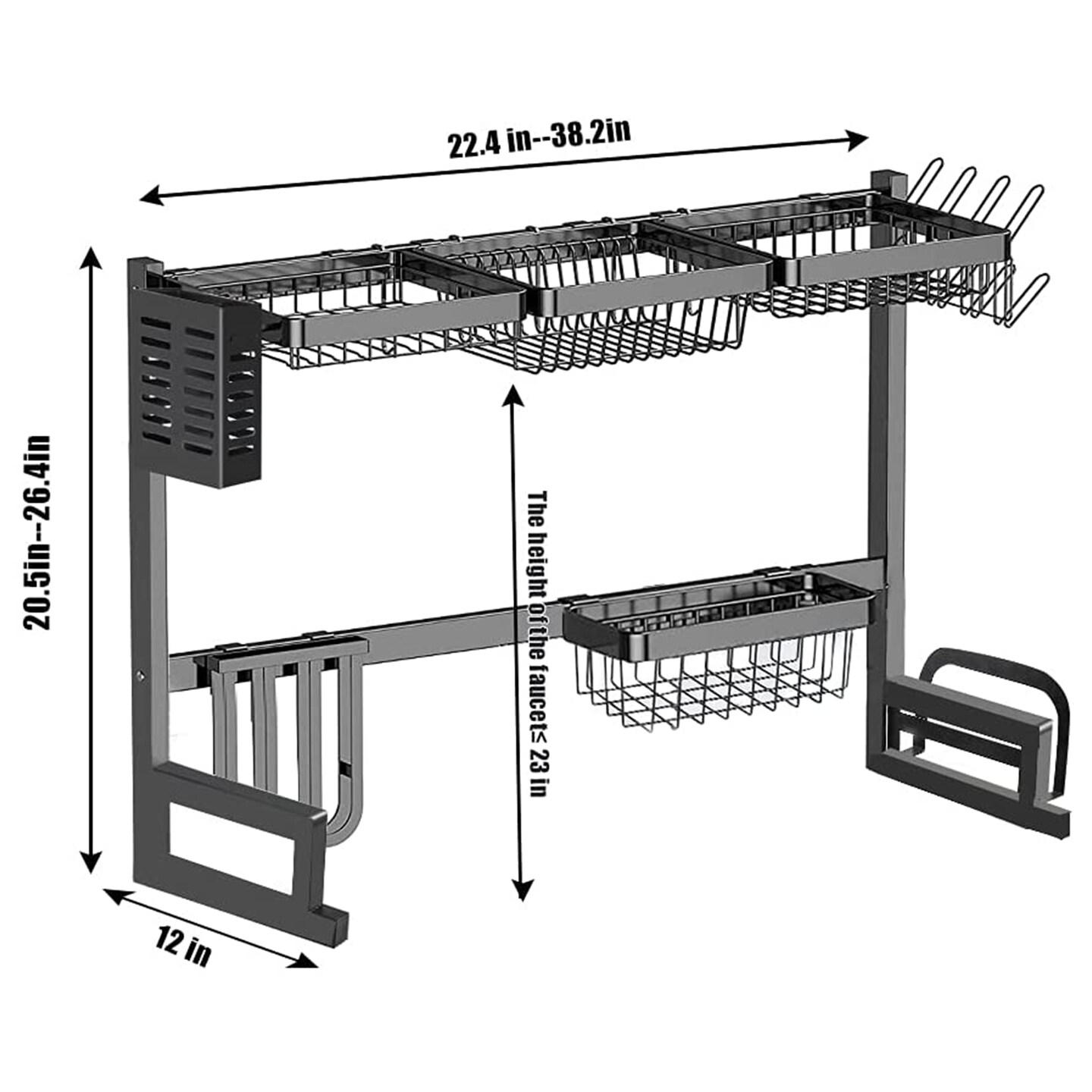 Adjustable Over The Sink Dish Rack Stainless Steel Kitchen Organizer with Removable Utensil Hooks, Rust-Proof Design for Small Spaces