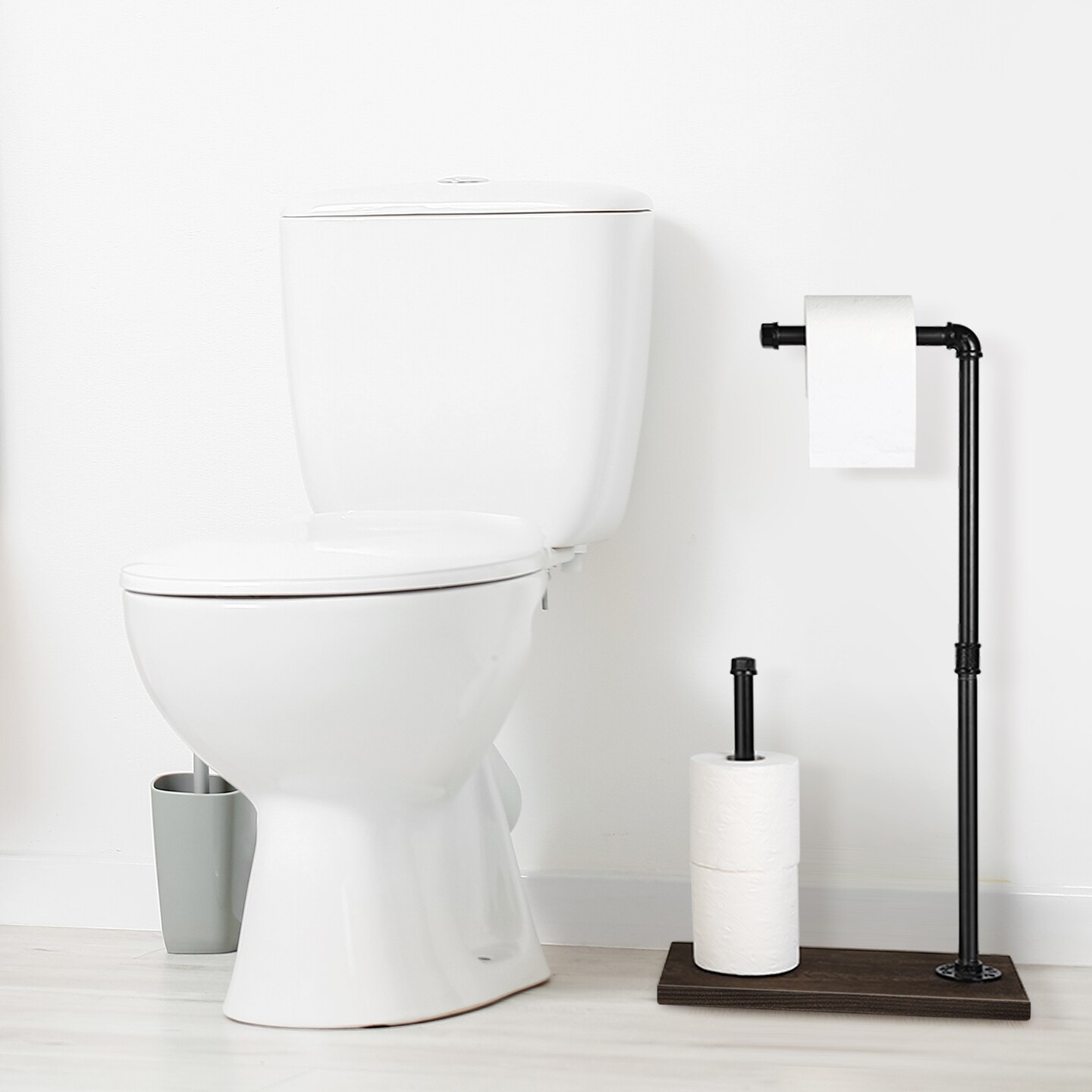Free Standing Toilet Paper Stand Rustic Industrial Bathroom Organizer with Wooden Base &#x26; Matte Iron Black Finish &#x2013; 3-Roll Storage, No-Drill Installation