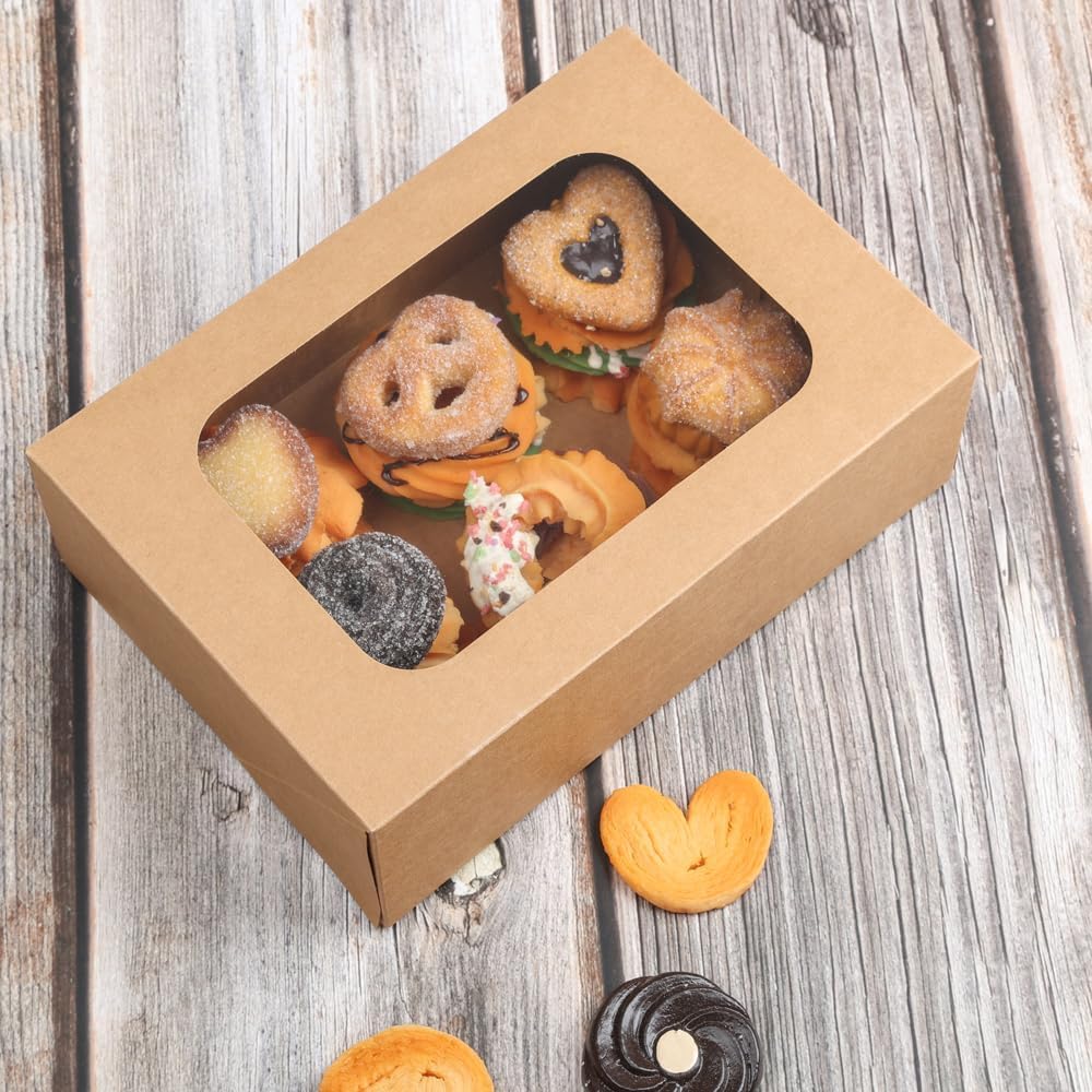 24 Pcs Cookie Boxes with Window for Paper Gift Giving Brown Bakery Cupcake Boxes 9" x 6.3" x 3" for Packaging Easy Estate Holiday Pastry Dessert Boxes for Pastries,Cookies, Donuts.