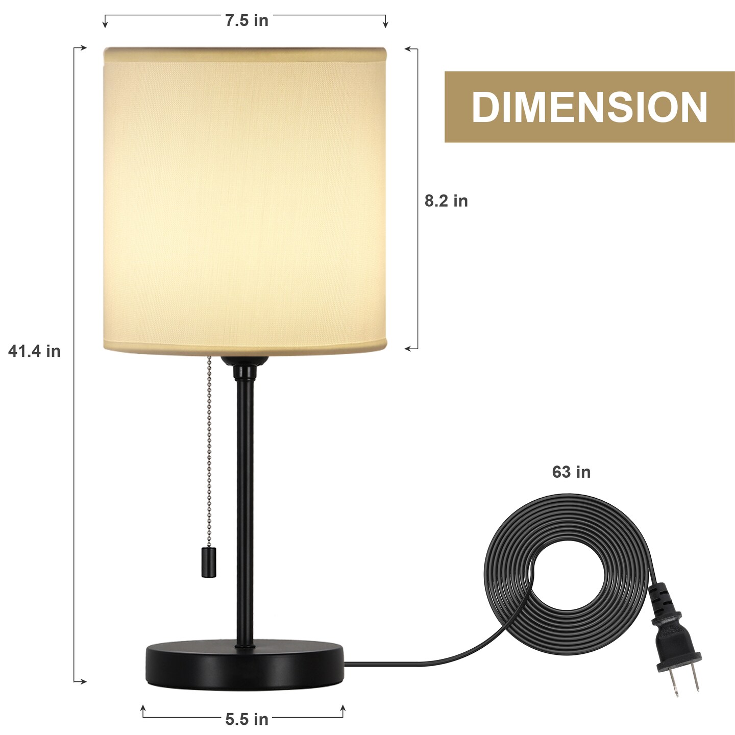 Modern Table Lamp, Simple with Cream Fabric Shade, Pull Chain Switch