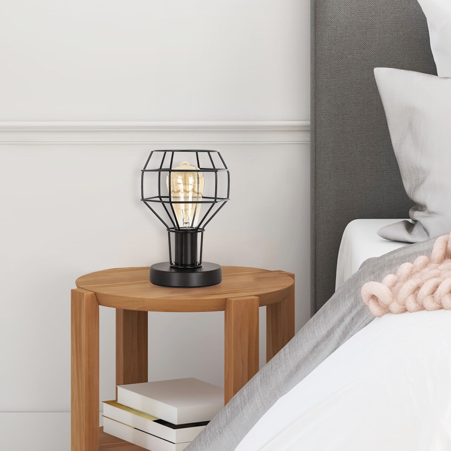 Industrial Vintage Table Lamp Metal Cage Shade Bedside Lamp for Bedroom, Living Room, or Office E26 Bulb Compatible, 59&#x201D; Cord with Switch