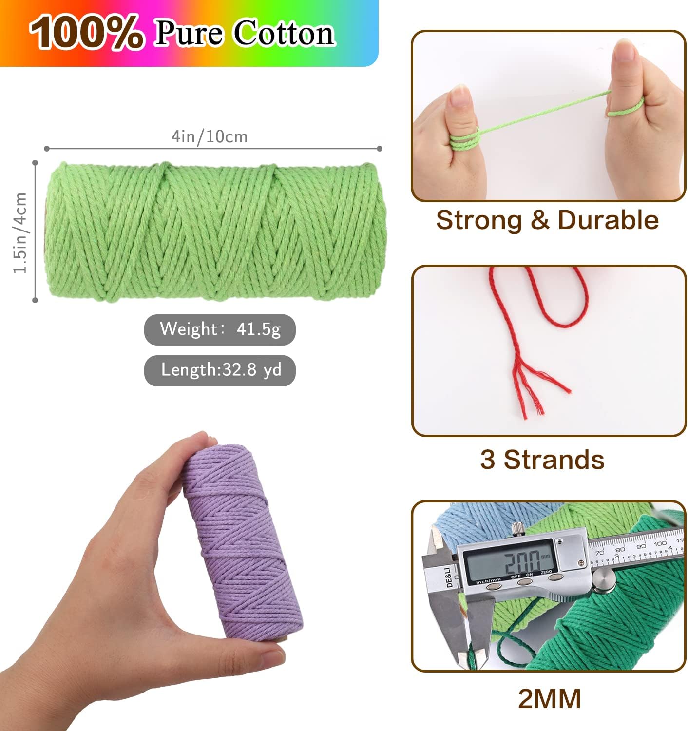 Macrame Cord 2mm x 590 Yards – 18 Rolls Natural Cotton Twine, 3-Strand Soft Rope for DIY Knitting, Knotting, Macrame, and Craft Projects, Assorted Colors