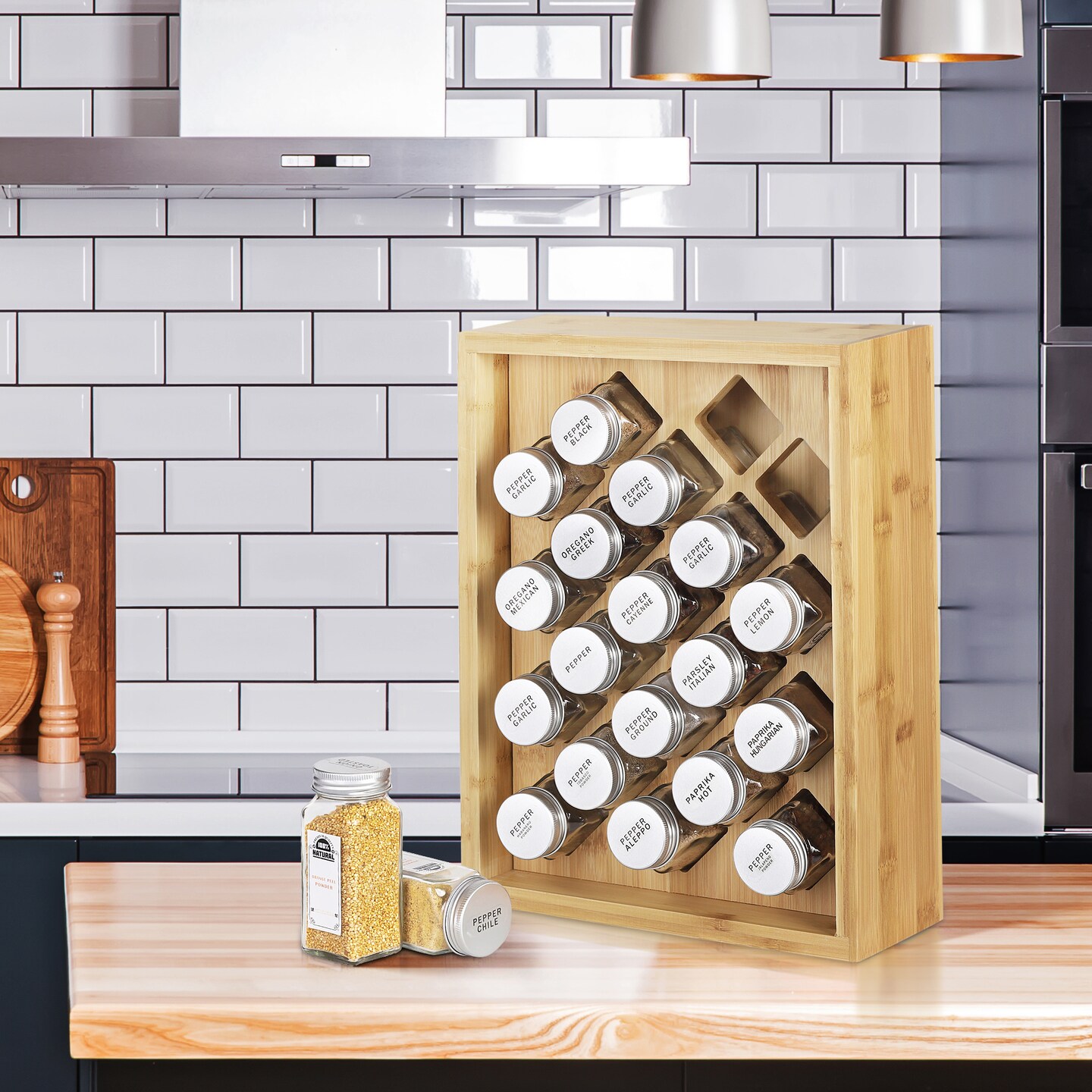 20-Jar Bamboo Spice Rack Organizer with Glass Jars Countertop Kitchen Storage for Cabinet, Pantry, or Drawer Eco-Friendly, Space-Saving Design
