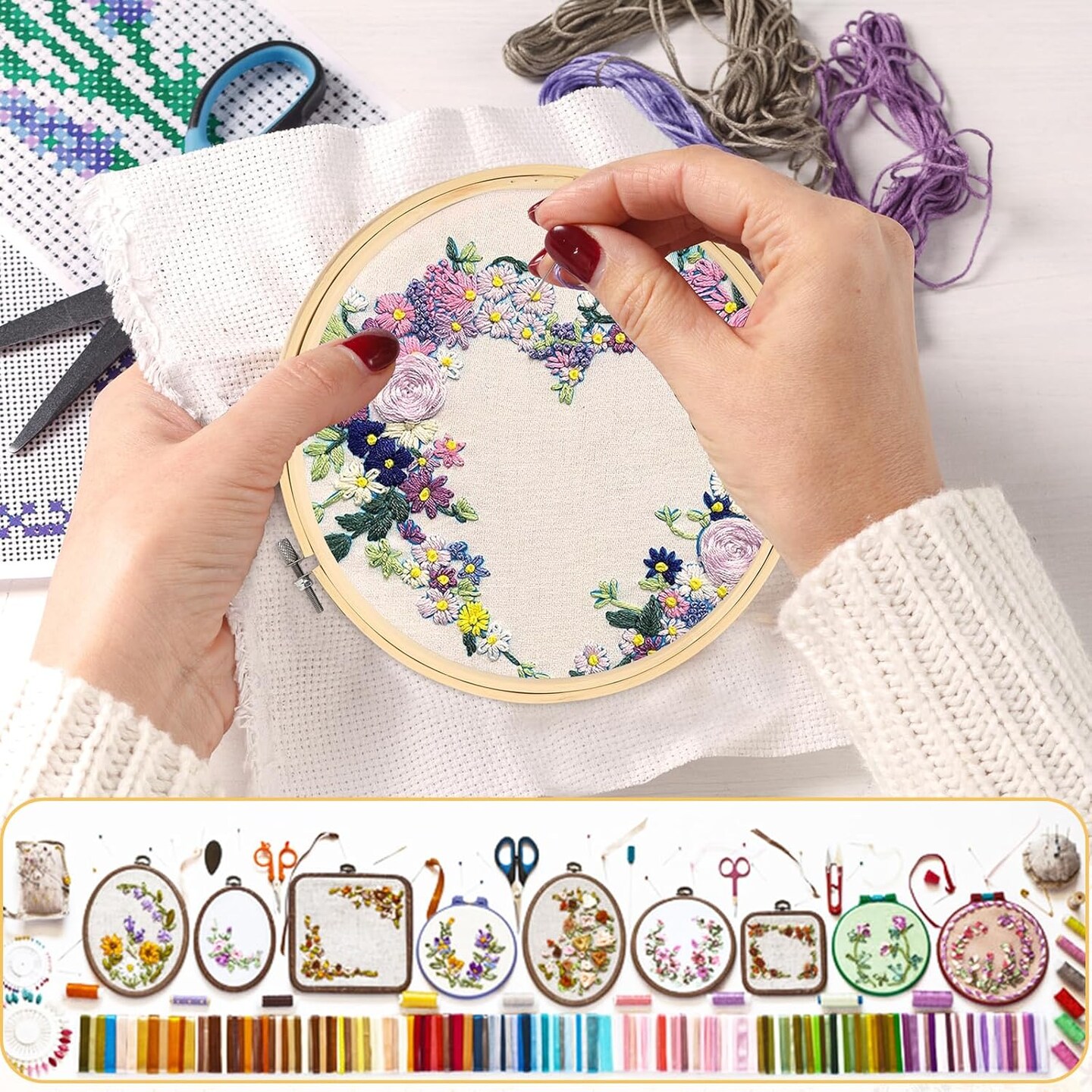 6 Pieces Embroidery Hoops Adjustable Circle Cross Stitch Hoop Ring 4 inch to 10 inch Bulk Round Embroidery Hoop for Art Craft Handy Sewing and Christmas Decoration